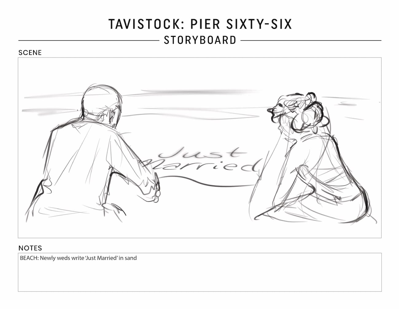 Tavistock Development Company C&I Studios Marketing Solutions Pier Sixty Six Storyboard Newly weds write Just Married in sand