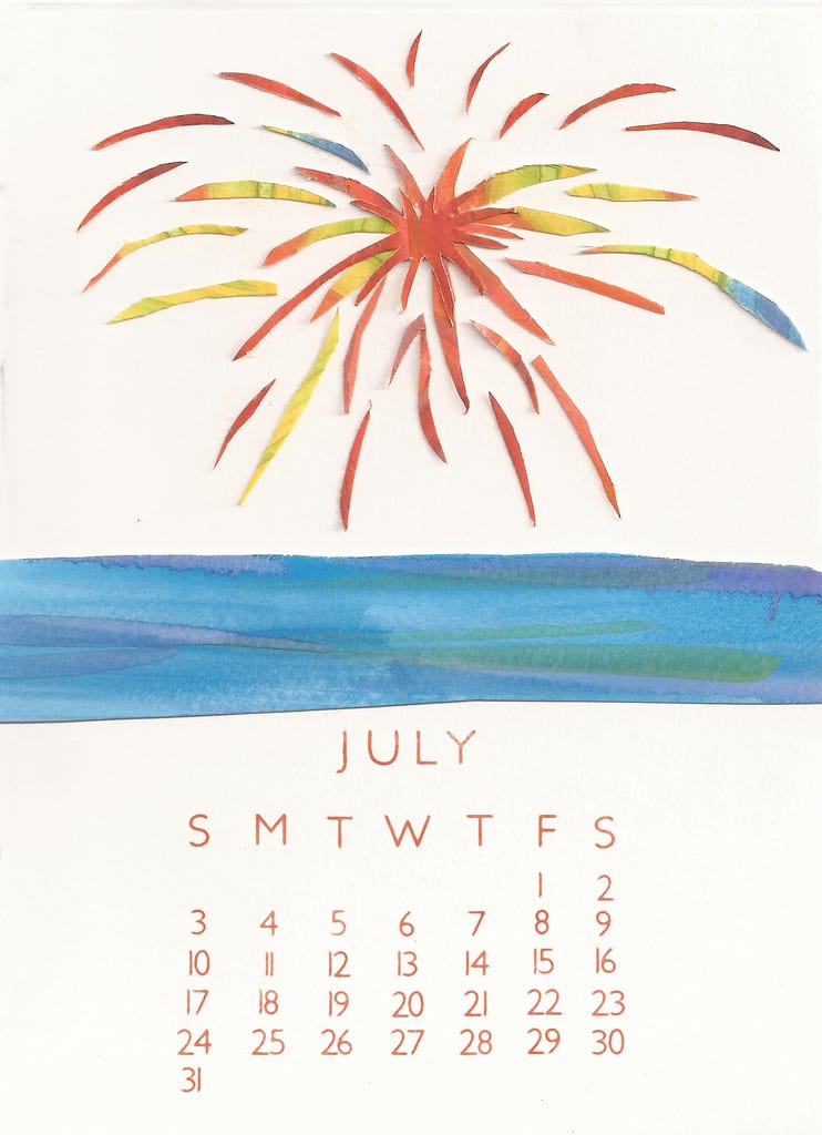 United Way Calendar July with graphics of fireworks over a lake