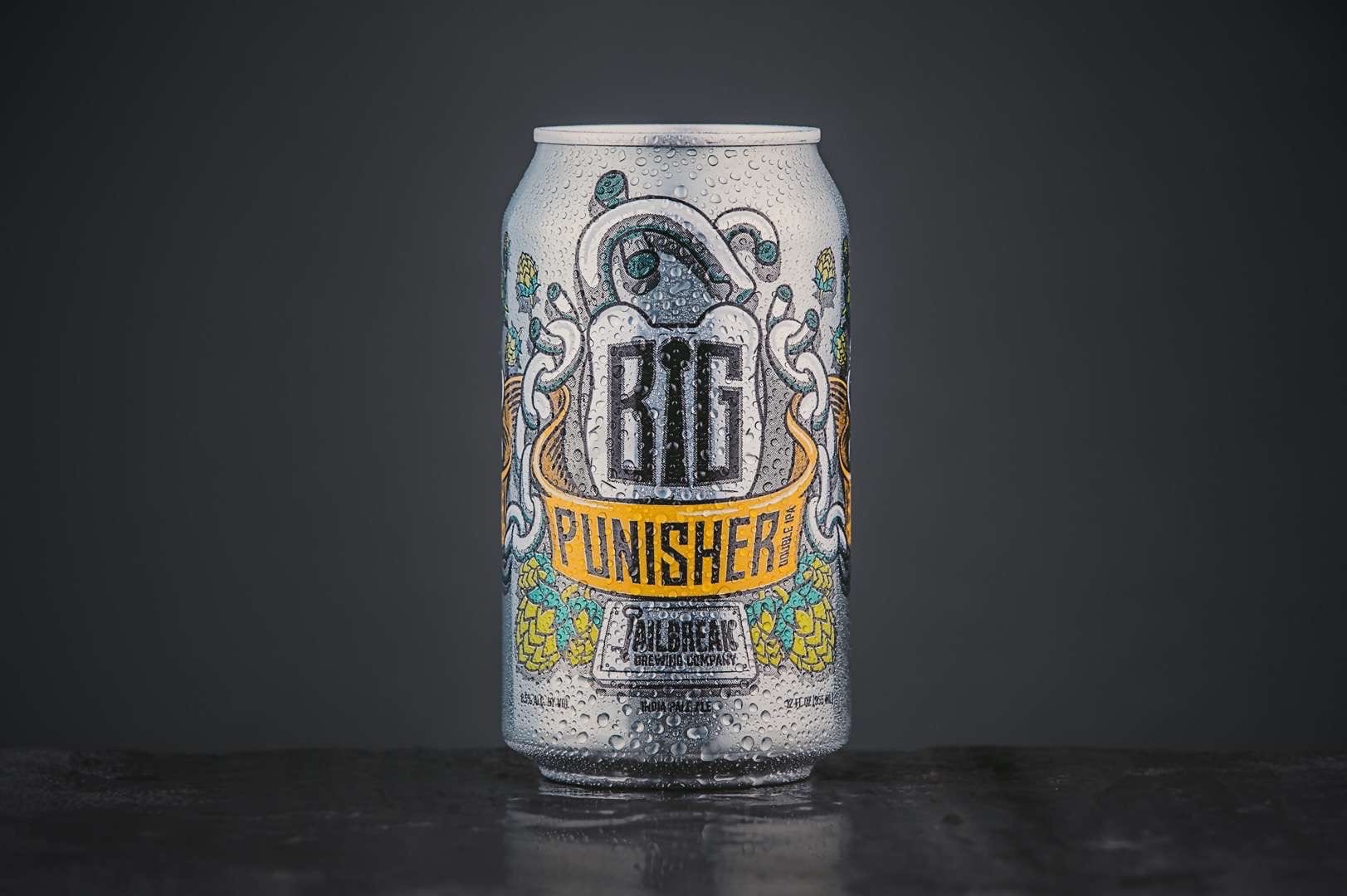 Jailbreak Brewing Closeup of a mostly silver colored can of "Big Punisher" drink made by Jailbreak Brewing Company.
