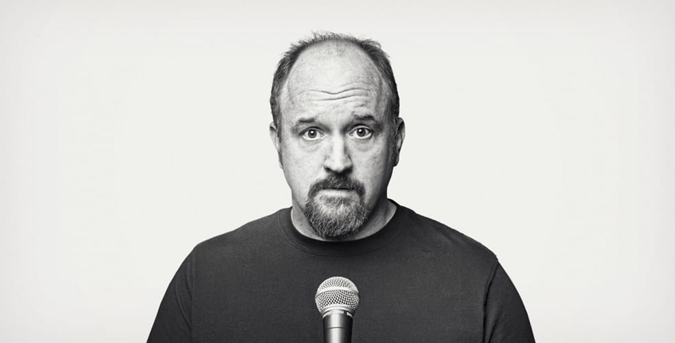 Black and white image of Louis CK Hilary Trump
