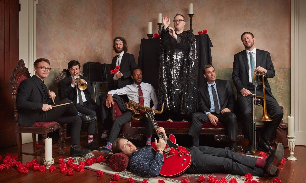 Artist Profile St. Paul and The Broken Bones Group of the band posing for the camera with various instruments