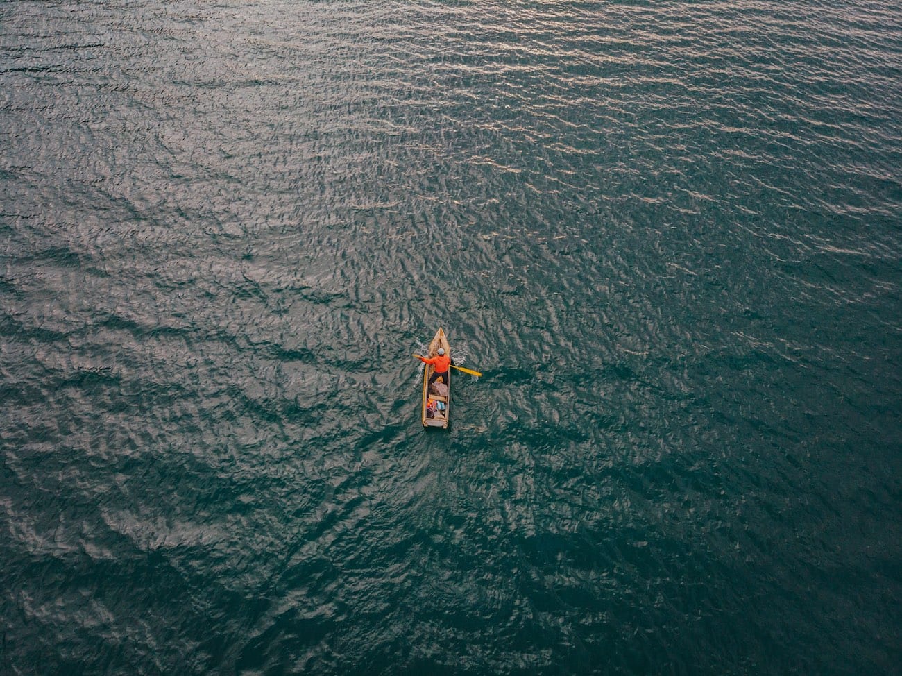 Overhead view of a person rowing in a boat in a vast body of water