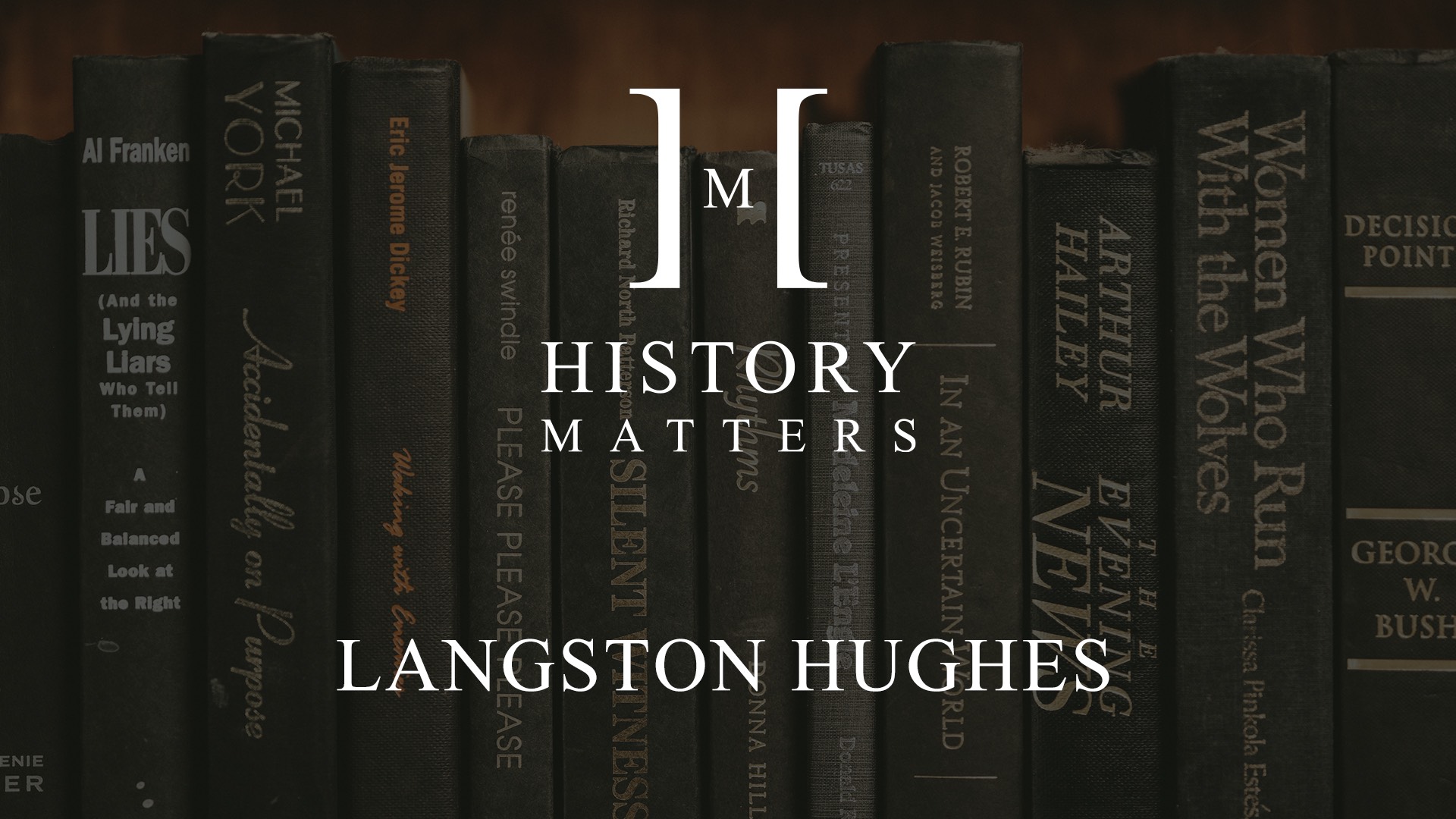 IU C&I Studios Page White HM Langston Hughes logo with dimmed background of a row of books on a shelf