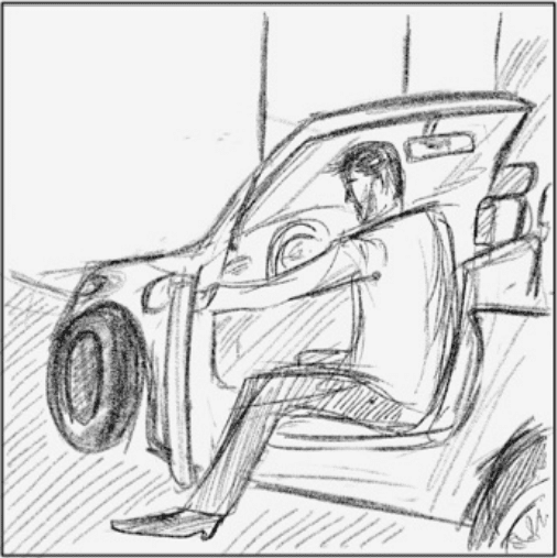 Drawing of man in car with hand on the door