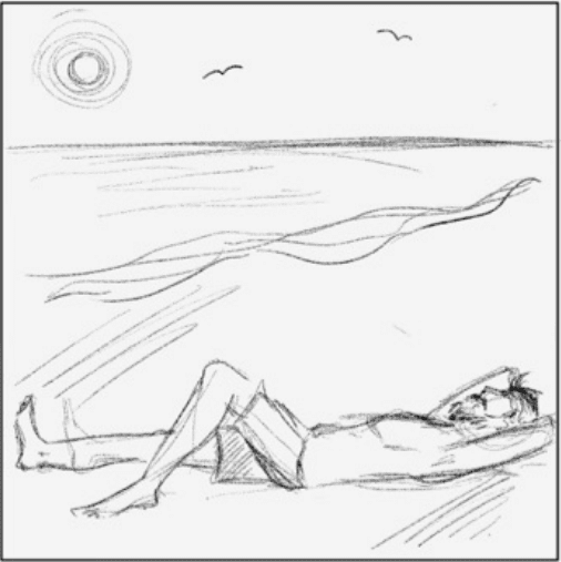 Drawing of man laying on a beach by the water with the sun shining
