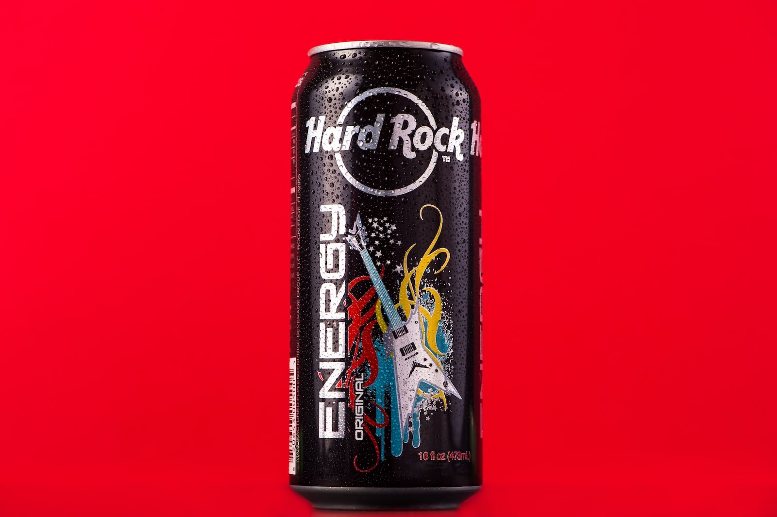 Closeup of can of original Hard Rock Energy drink