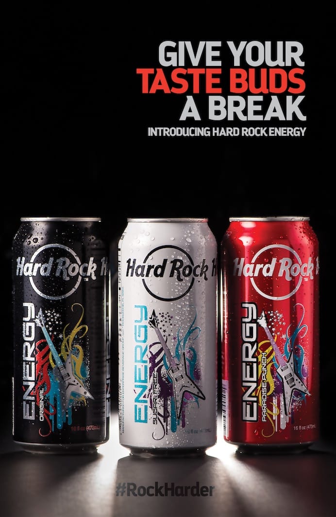 Ad with three cans of Hard Rock Energy drinks on display