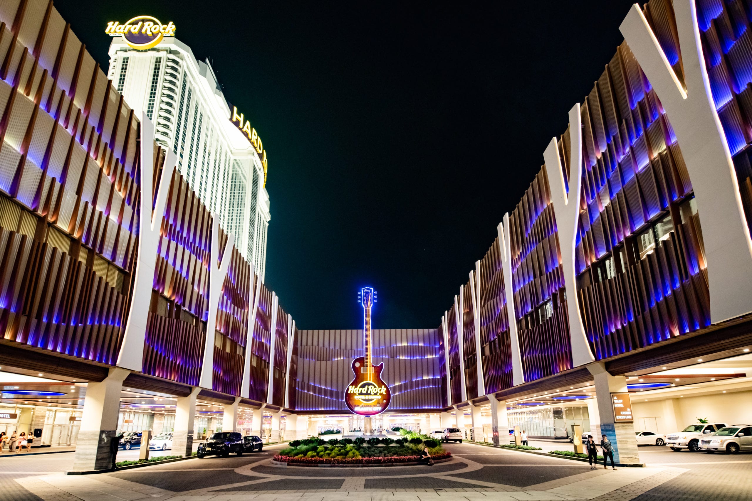 EDSA Hard Rock Hotel & Casino Atlantic City guitar lit up in courtyard at night