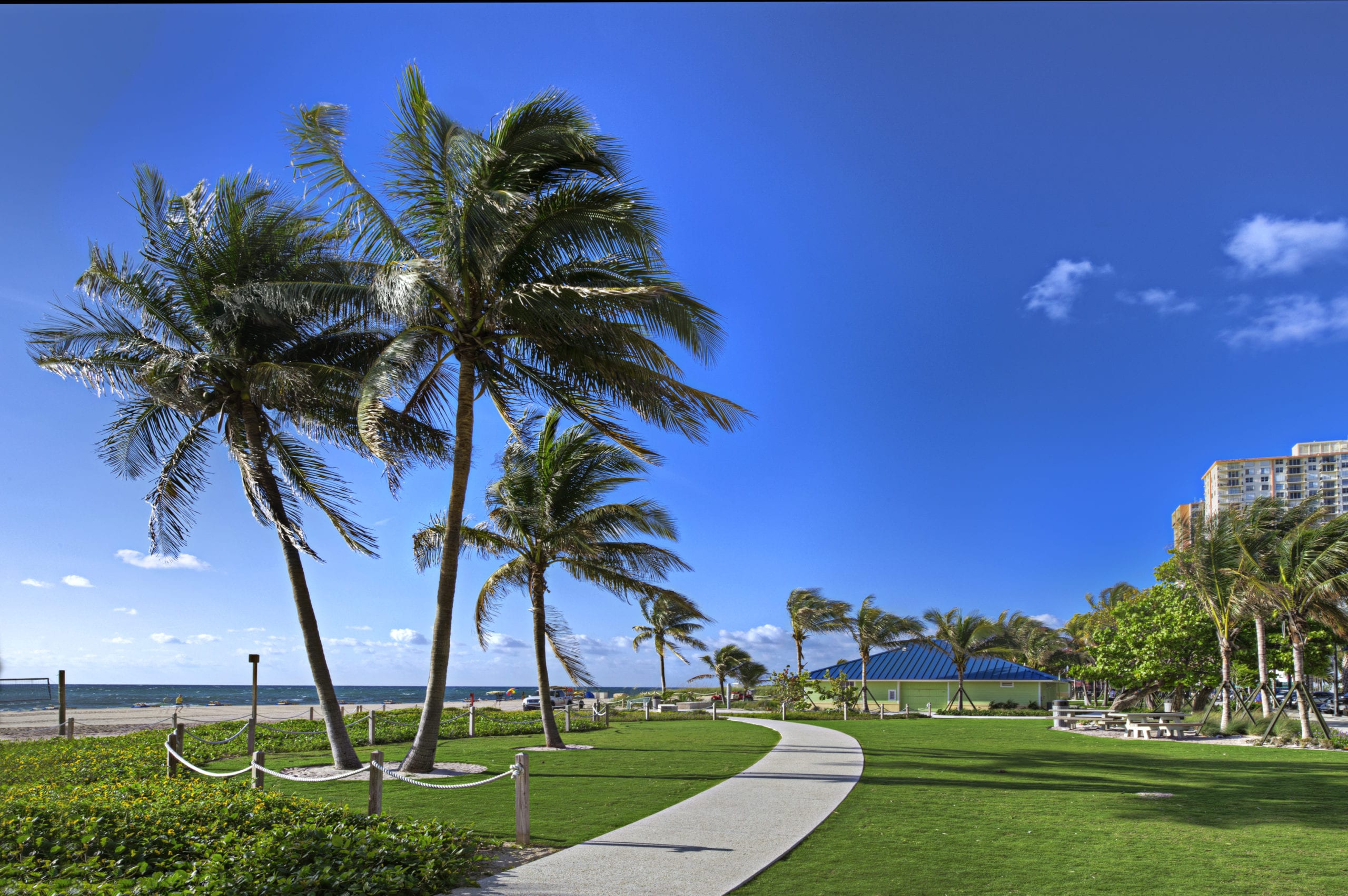 EDSA Pompano Beach Boulevard grounds with palm trees, beach and buildings