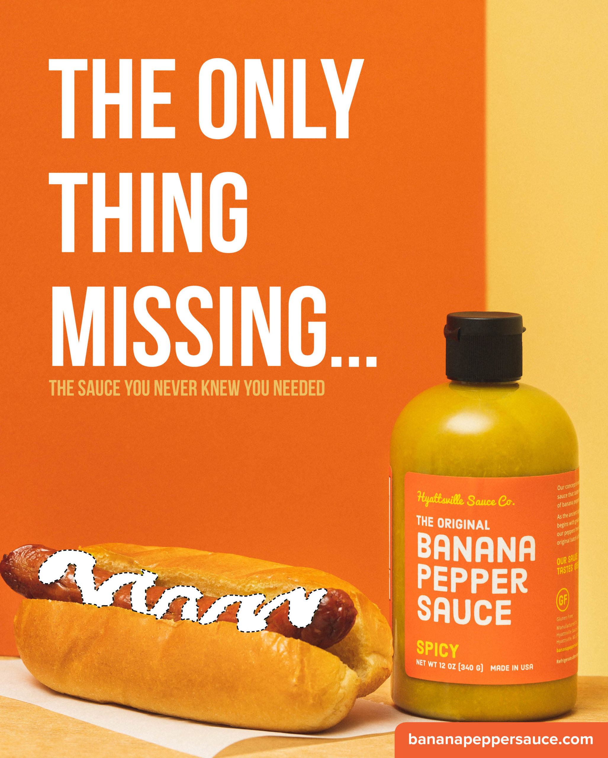 Hyattsville Sauce Company The Original Banana Pepper Sauce bottle Spicy flavor next to hotdog graphic with slogan and website address