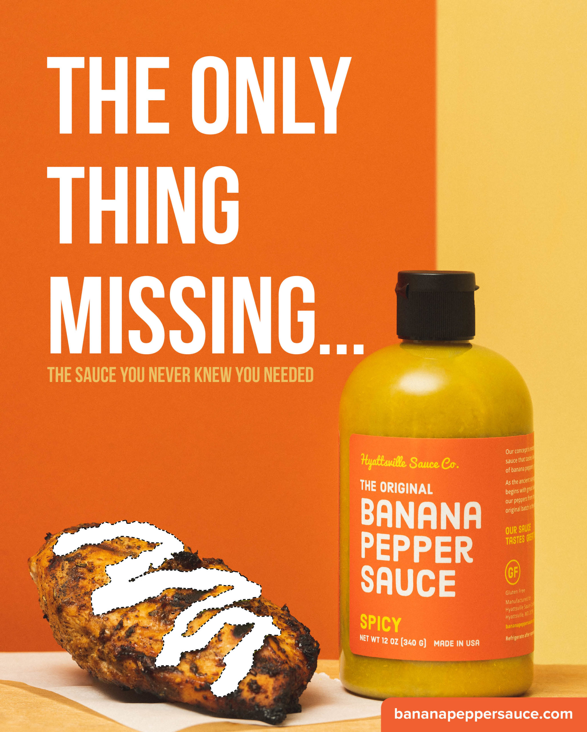 Hyattsville Sauce Company The Original Banana Pepper Sauce bottle Spicy flavor next to meat graphic with slogan and website address