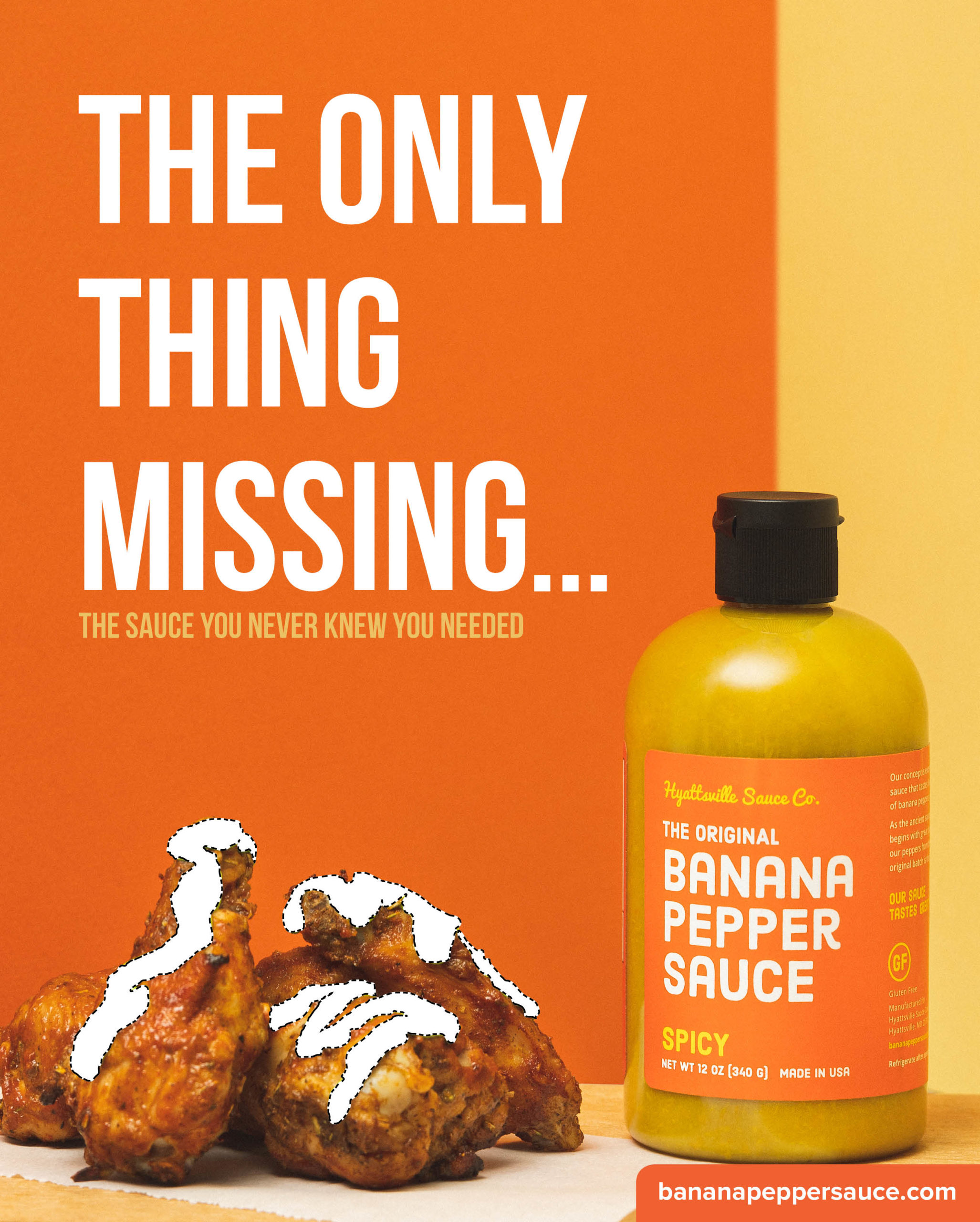 Hyattsville Sauce Company The Original Banana Pepper Sauce bottle Spicy flavor next to chicken graphic with slogan and website address