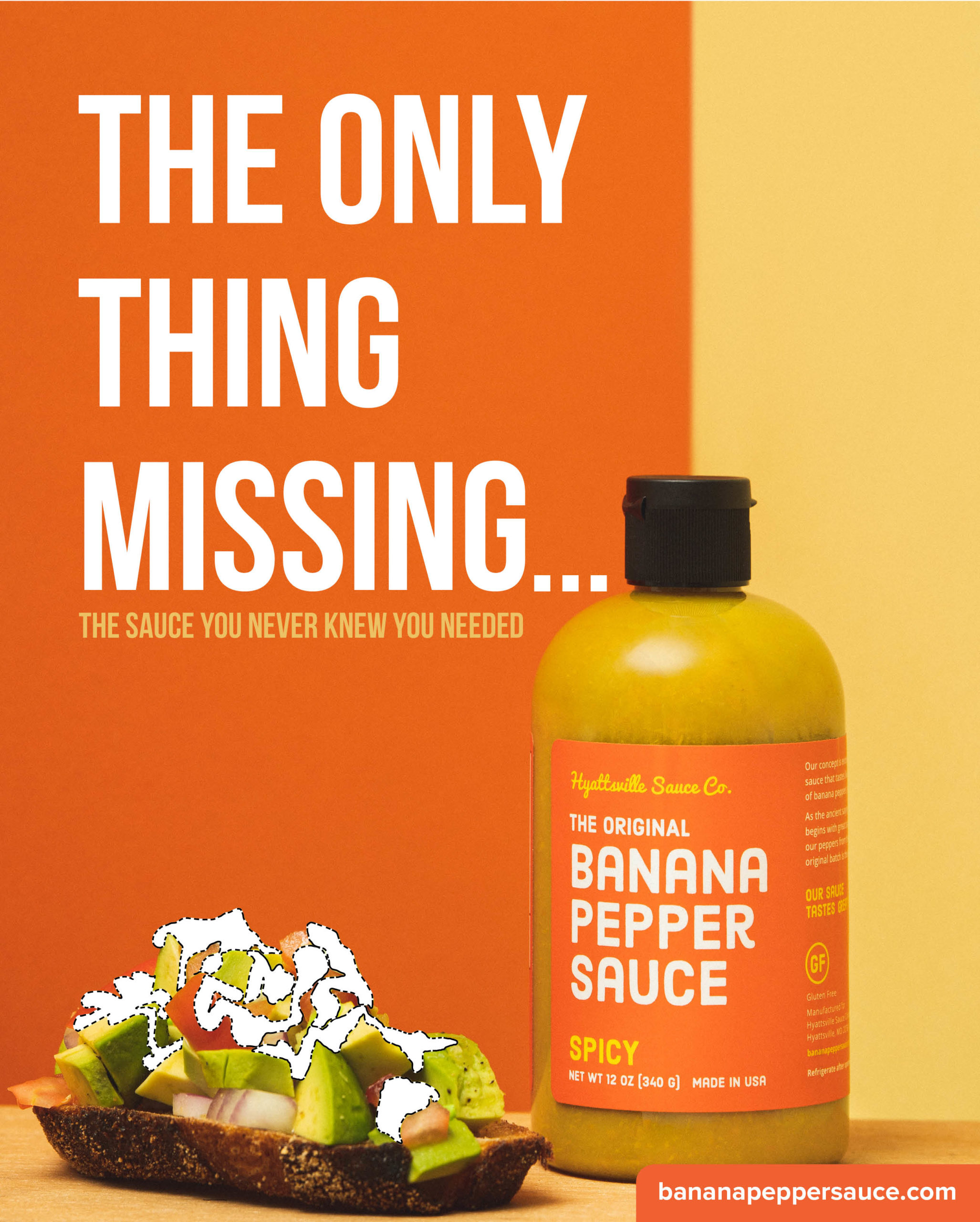 Hyattsville Sauce Company The Original Banana Pepper Sauce bottle Spicy flavor next to avocado on bread graphic with slogan and website address