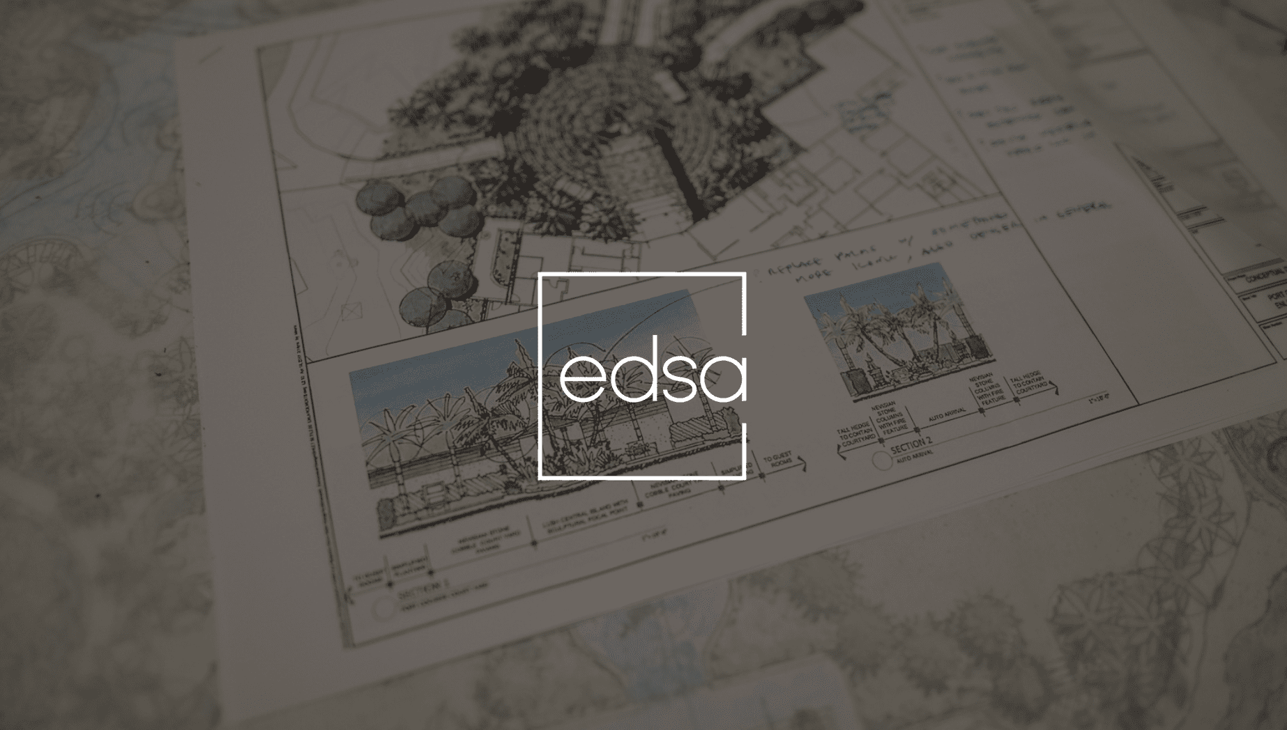 IU C&I Studios Page White EDSA logo against an architectural drawing backdrop