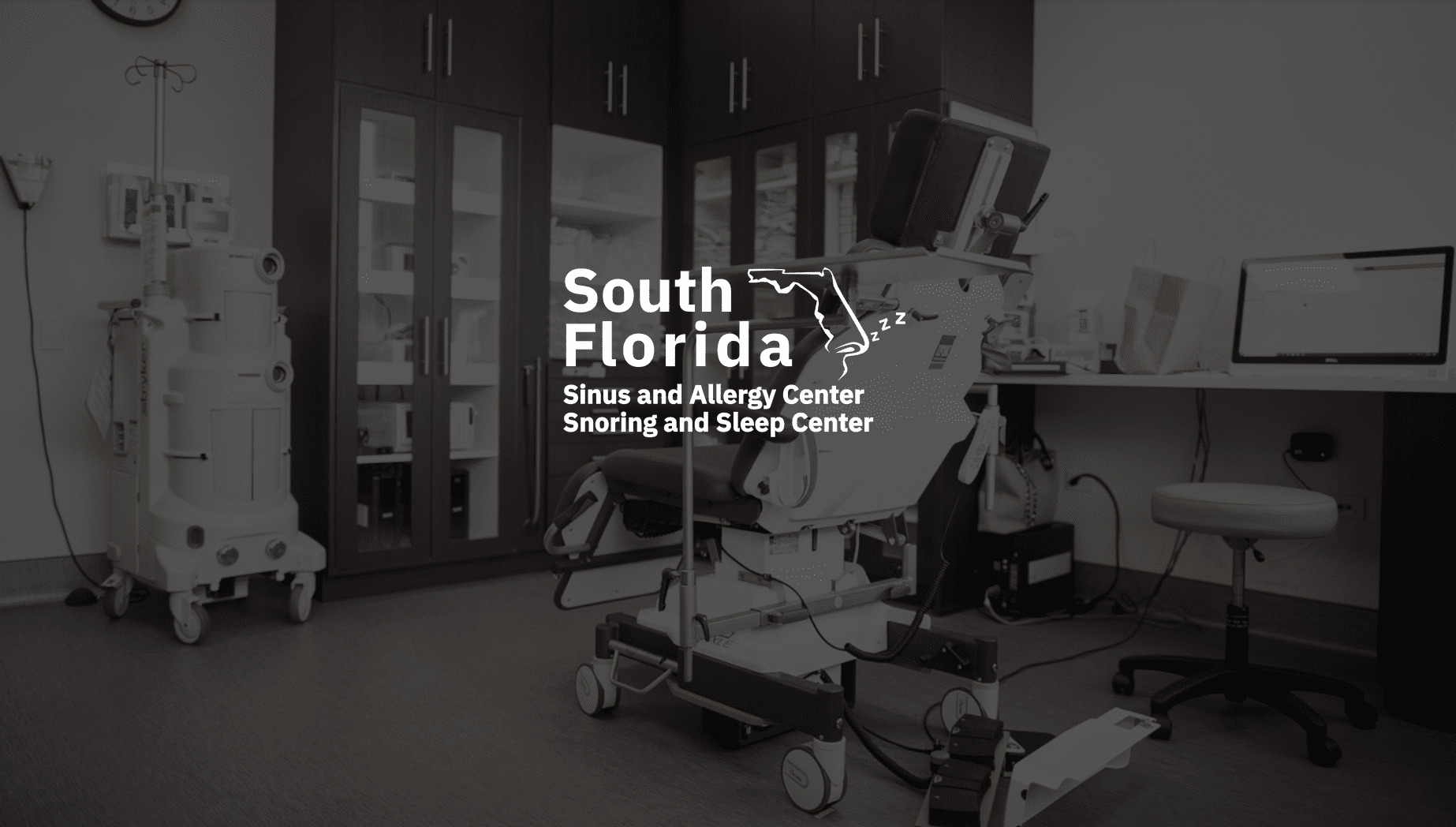 IU C&I Studios Page SFSAC White South Florida Sinus and Allergy Center Snoring and Sleep Center logo against a backdrop showing equipment in a doctor's office