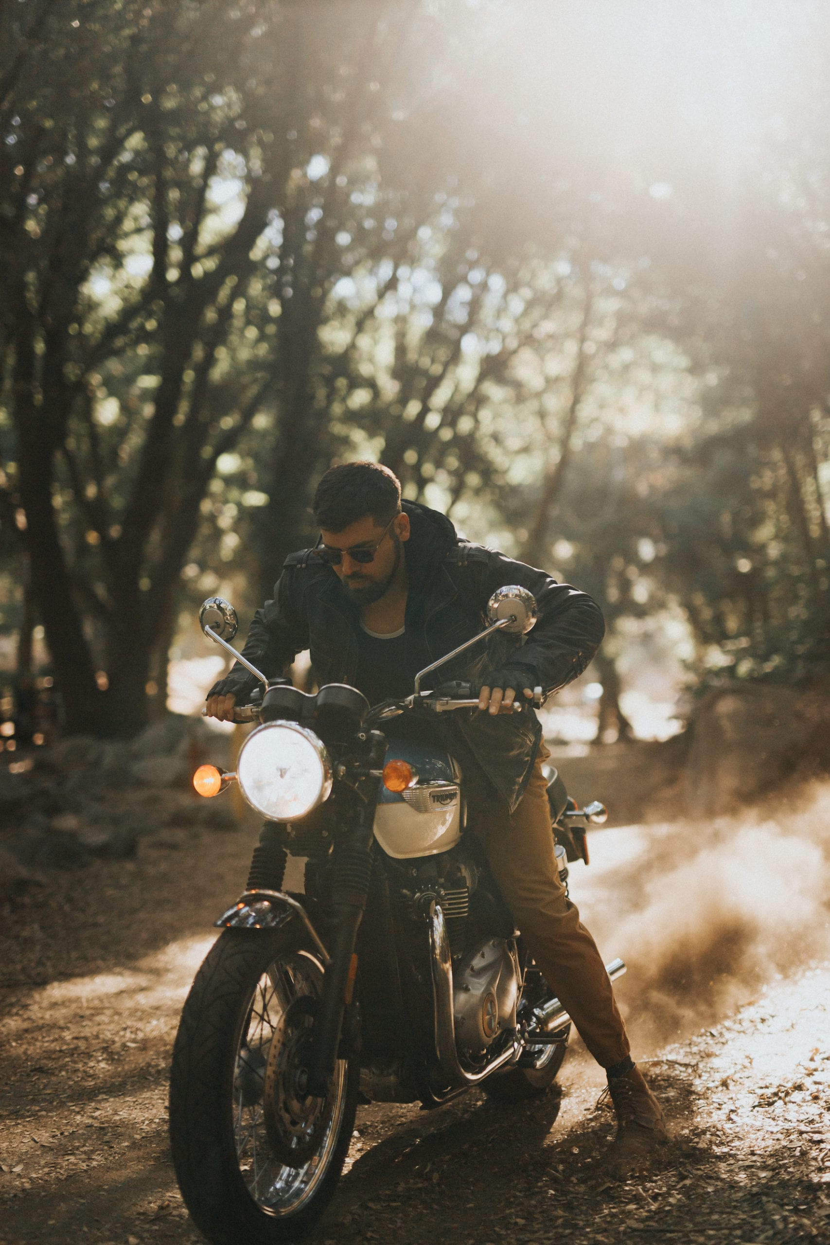 Portrait Of Masculine Biker Posing On His Motorcycle Outdoors Stock Photo -  Download Image Now - iStock