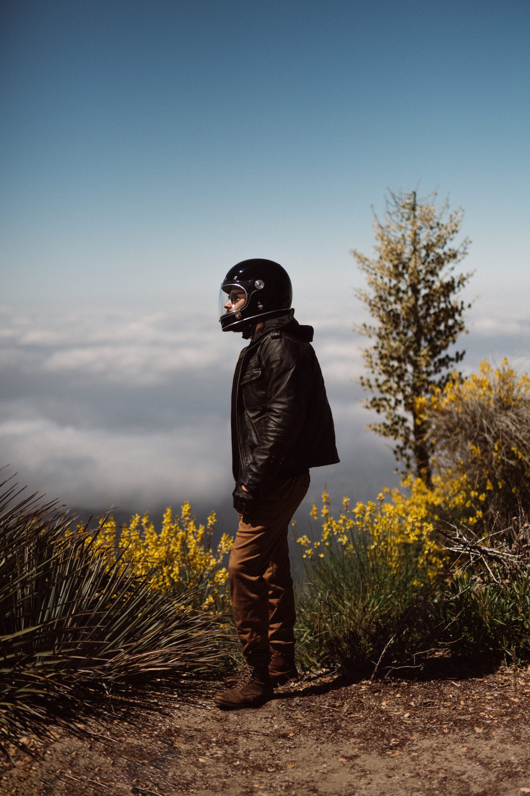 Motorcycle rider overlooking the canyon, standing above the clouds with yellow wildflowers in the background.