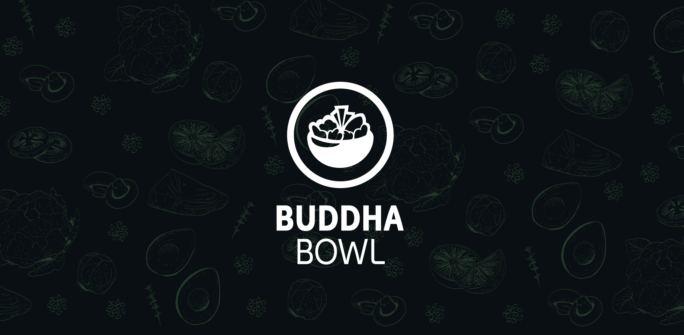 IU C&I Studios Page White Buddha Bowl logo with black illustration wall with green drawings of meat, fruits and vegetables