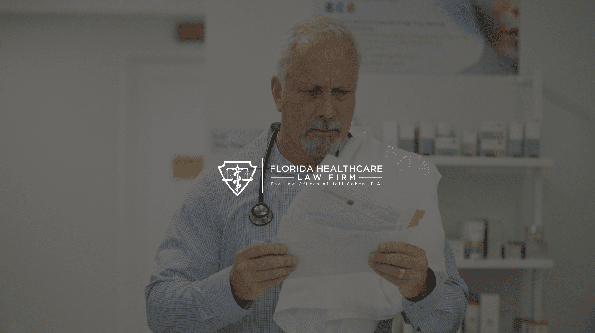 IU C&I Studios Page White Florida Healthcare The Law Offices of Jeff Cohen, P.A. Logo with a background of a doctor looking at papers