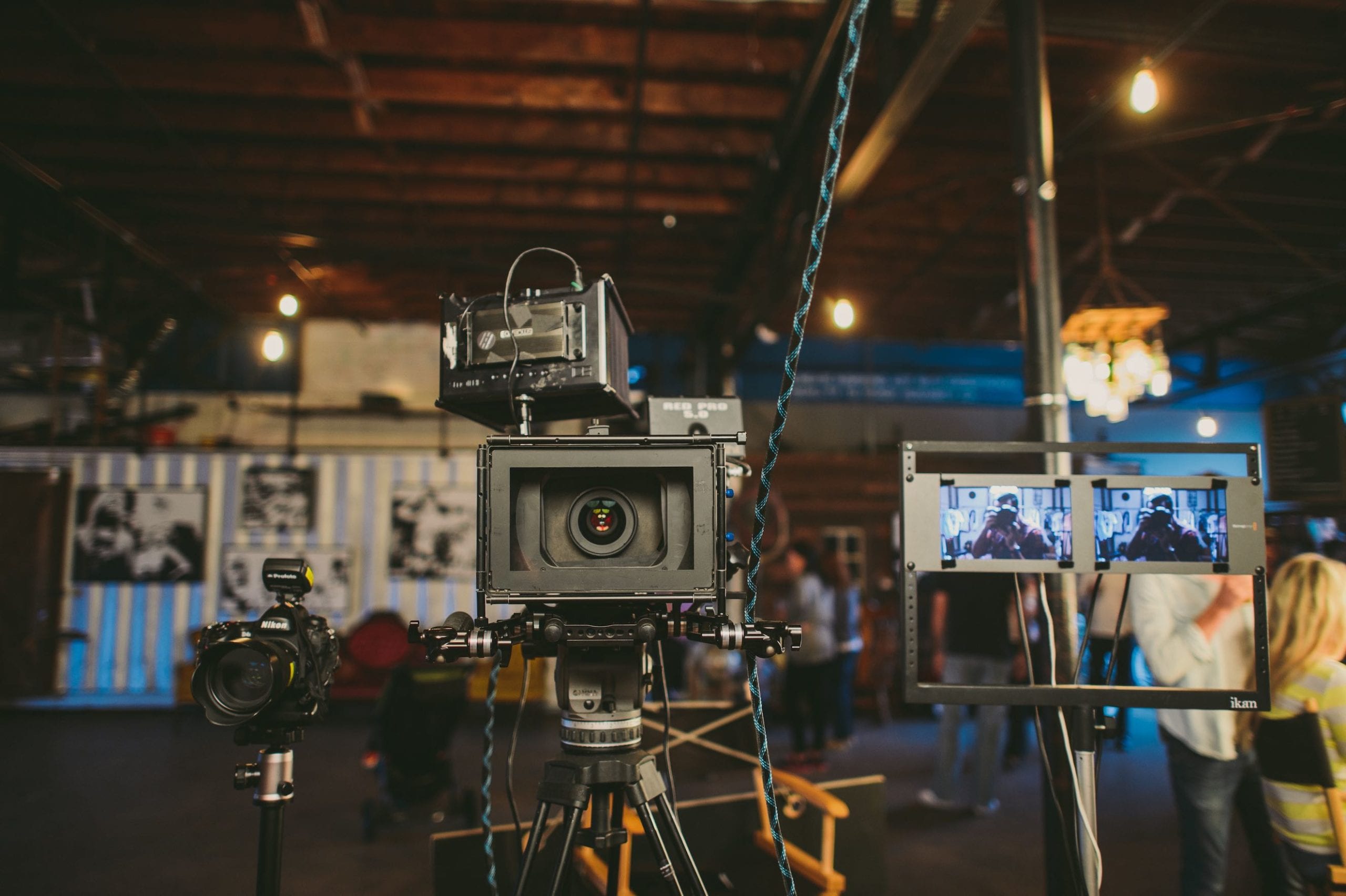 Closeup of videographer equipment in a studio