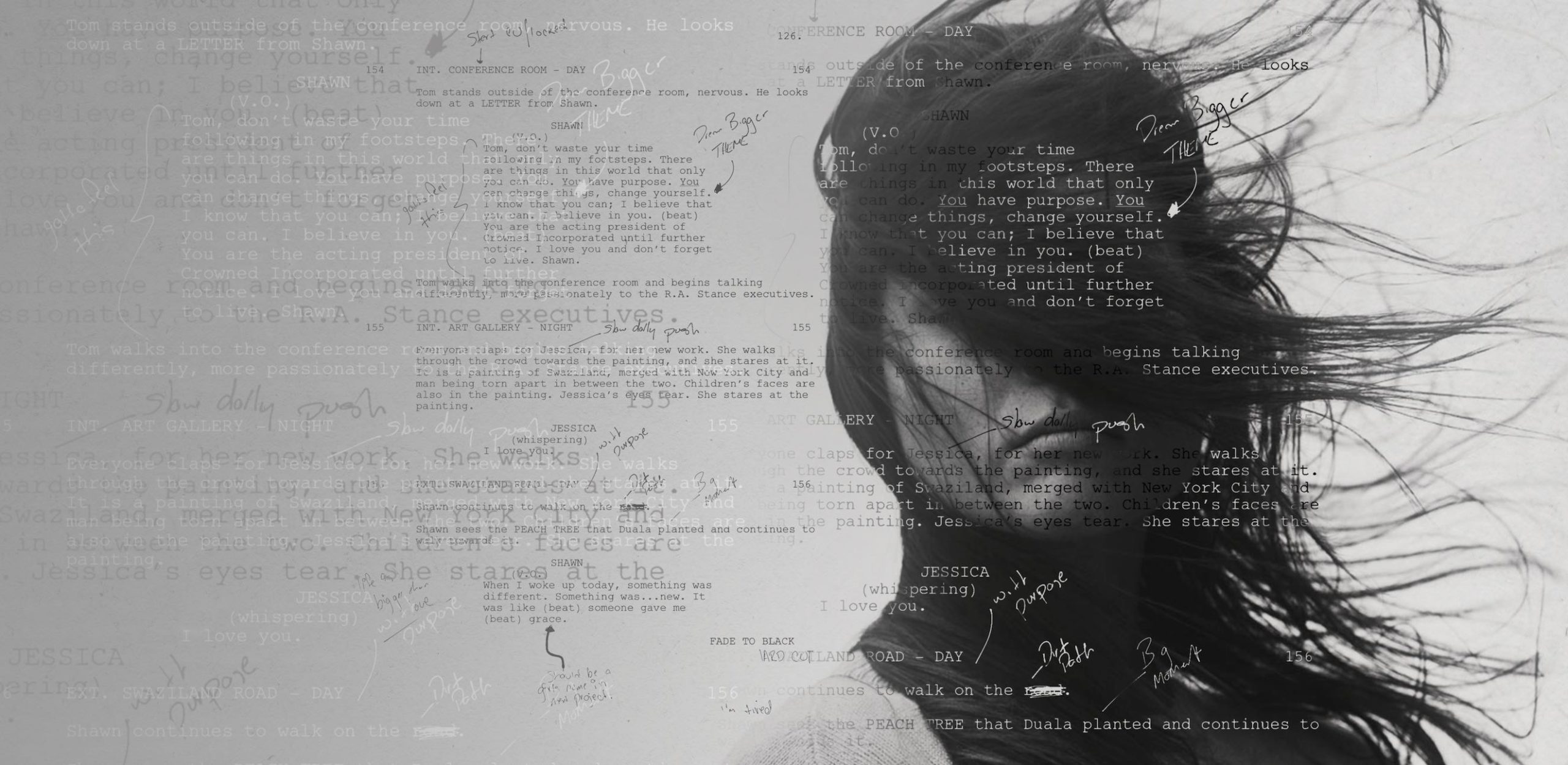 Original Productions Black and white screenshot of woman with long hair in her face and script