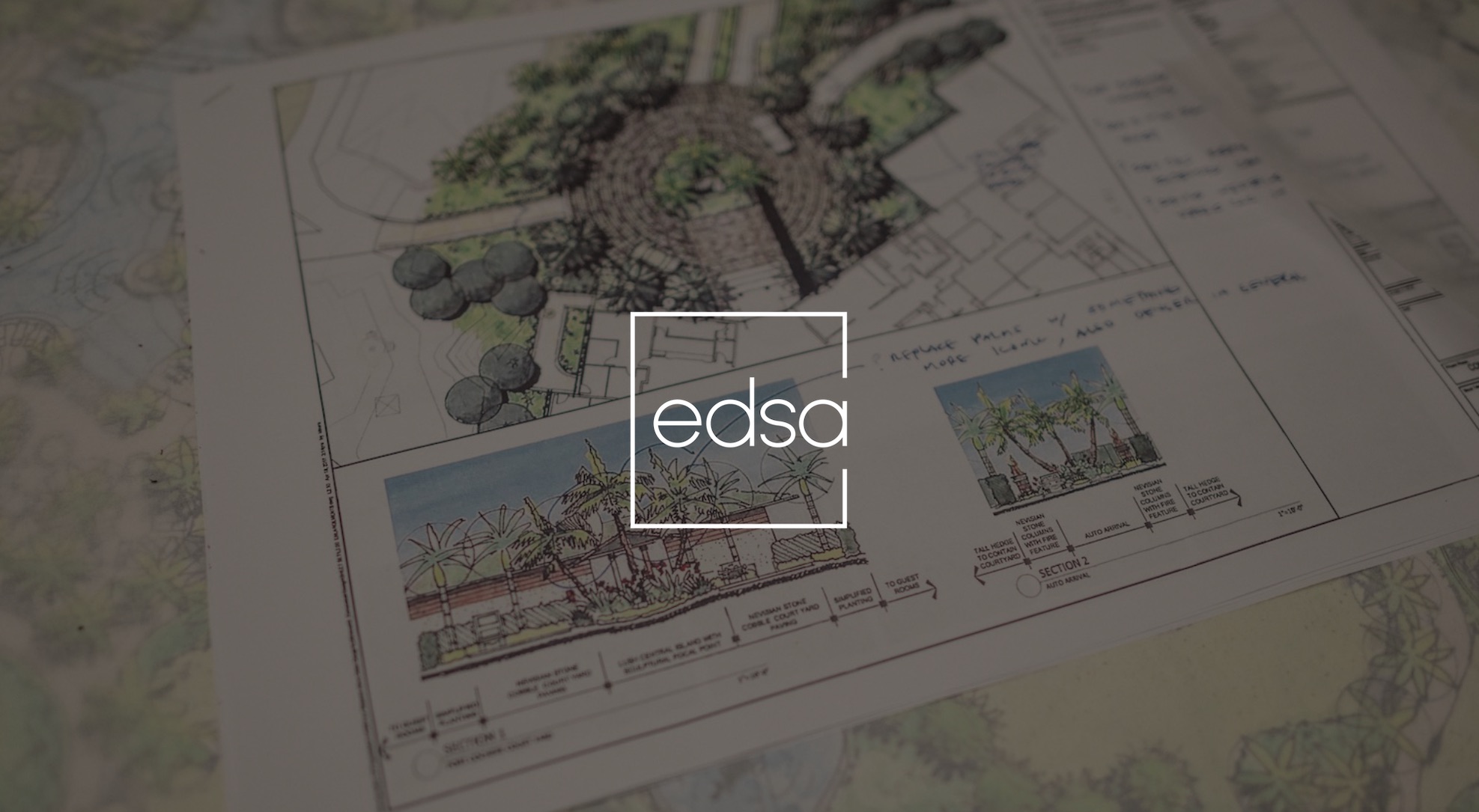 White EDSA Logo Social Media Marketing with background showing a color architectural drawing