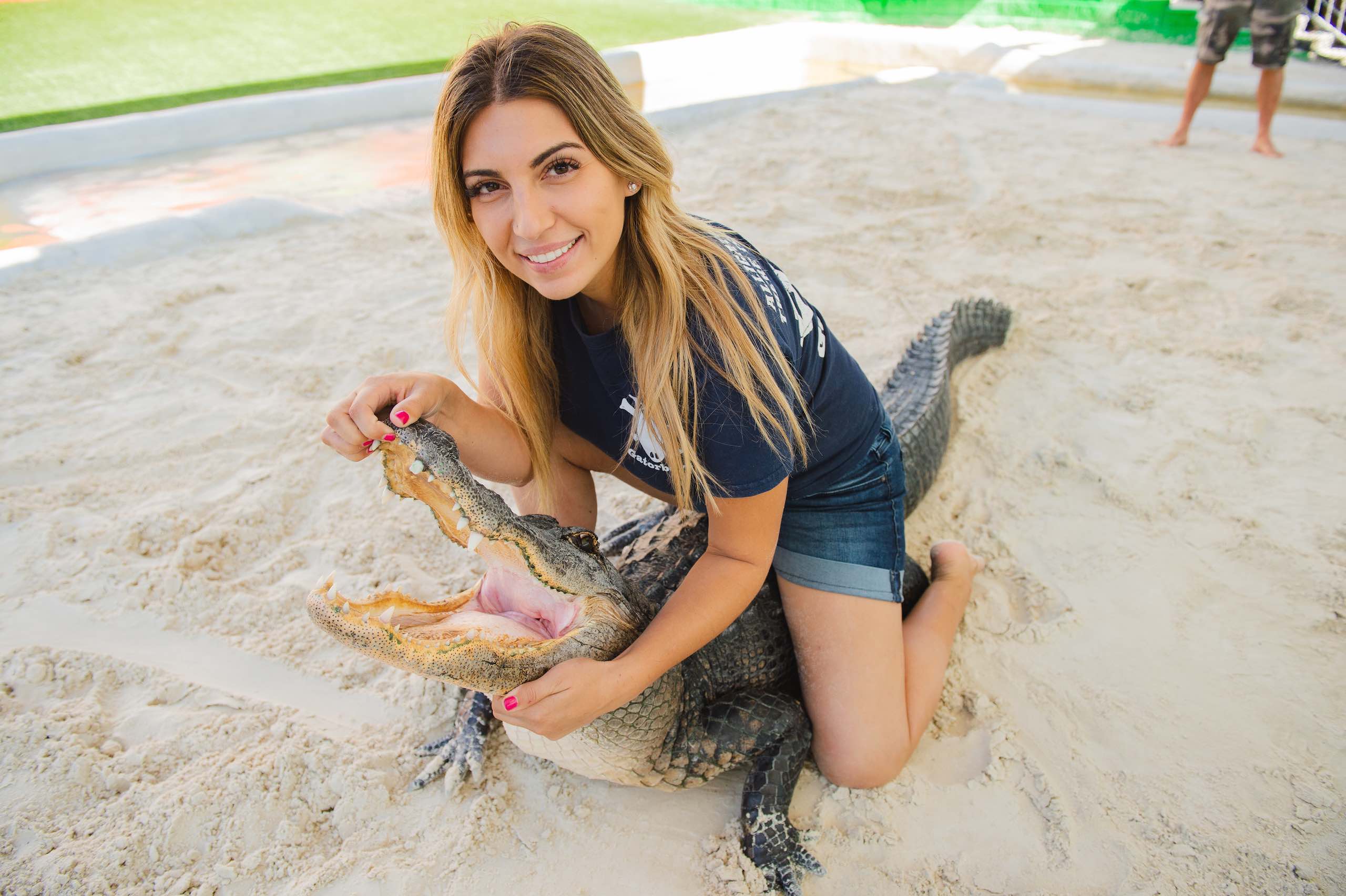Everglades Holiday Park Woman with long blond hair sitting on an alligator holding its mouth open in a sand pit