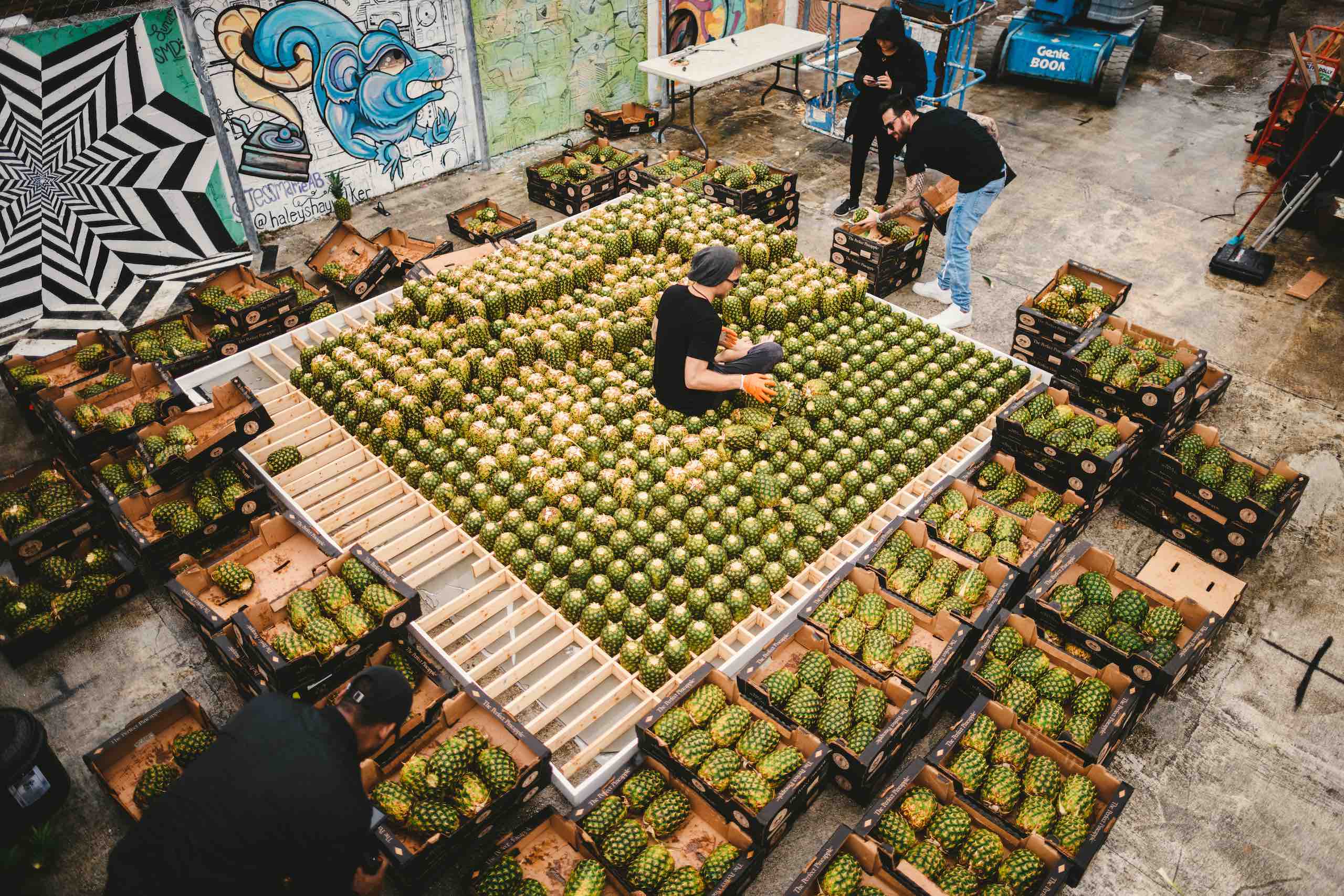 Artwalk 2018 May Pineapple Pyramid Man sitting in the middle of a pile of pineapples building a pyramid formation with many pineapples in boxes all around it as well as a few other people working with pineapples in the boxes