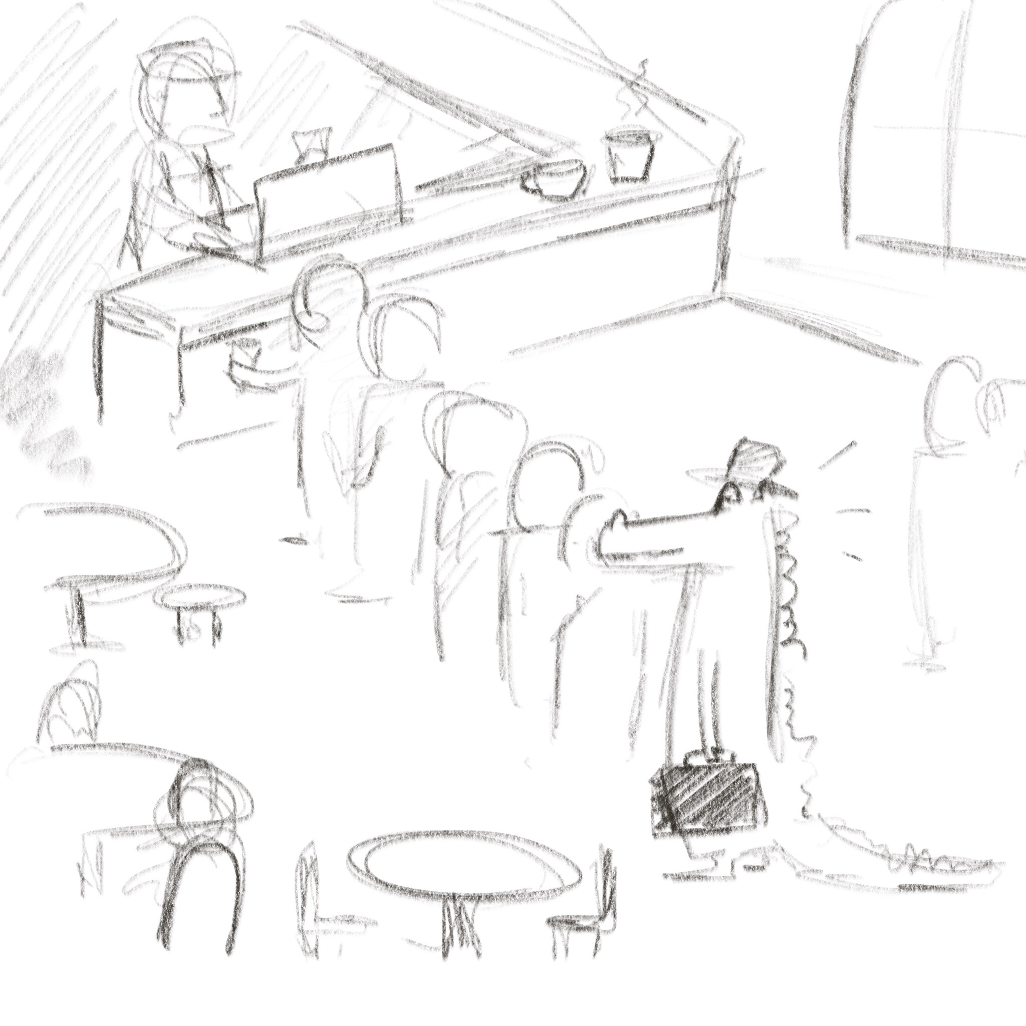 Frame two drawing of alligator holding a briefcase standing in line in a coffee shop