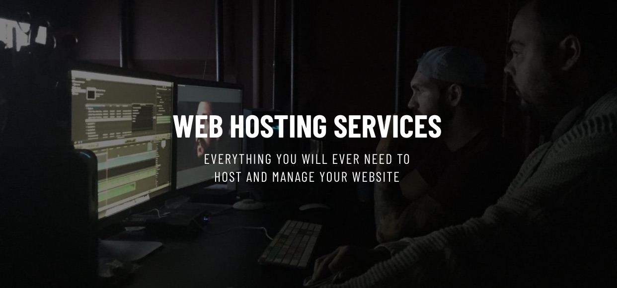 IU C&I Studios Page White Web Hosting Services Everything You Will Ever Need To Host and Manage Your Website title ad on dimmed background side profile of two men working on desktop computers