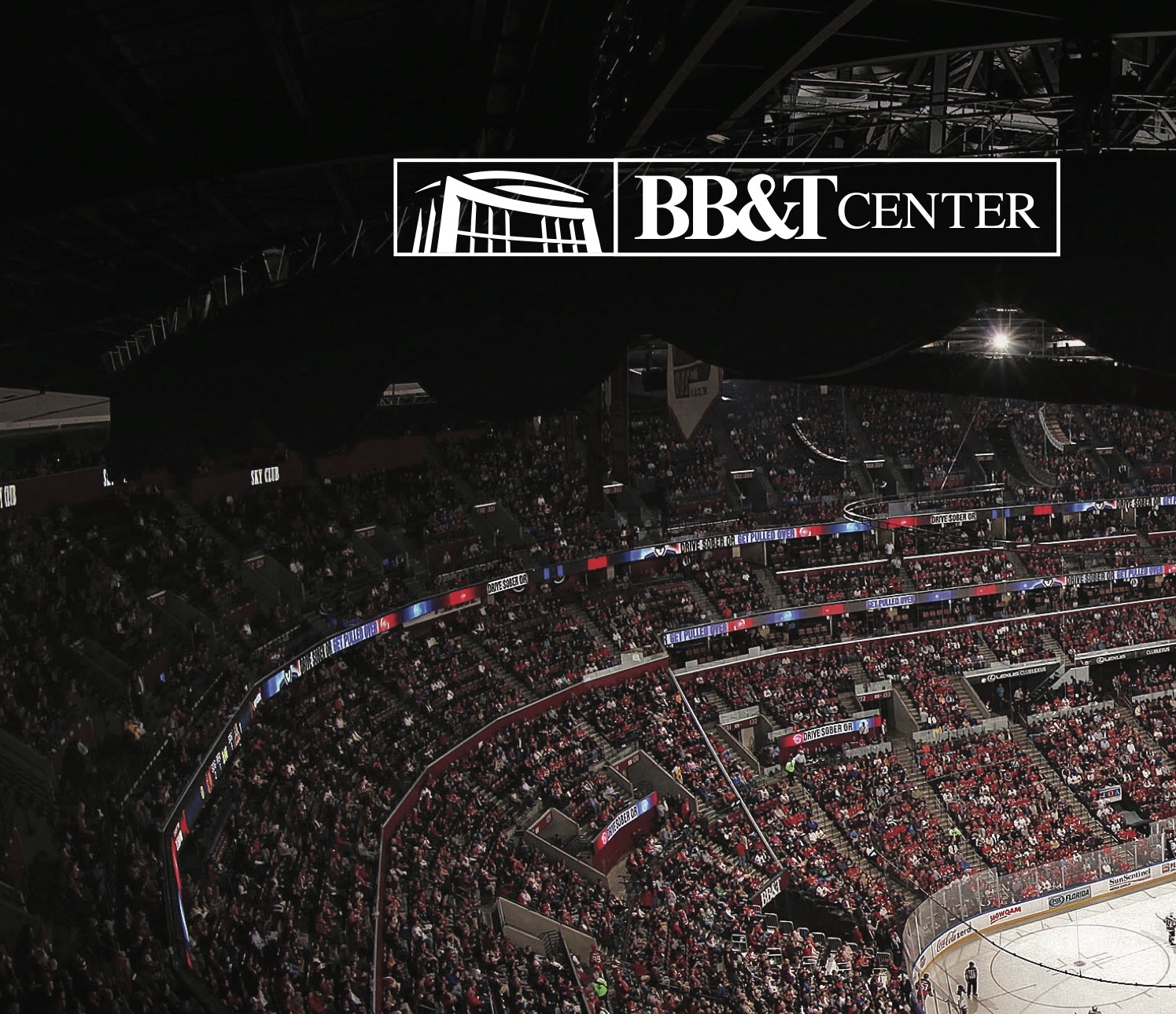 Aerial view of a hockey rink with BB&T Logo