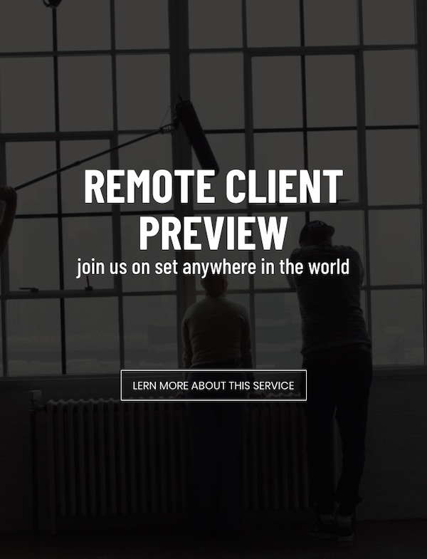 CI Studios Remote Client Preview Ad with black and white dimmed background of crew and actors by a large window