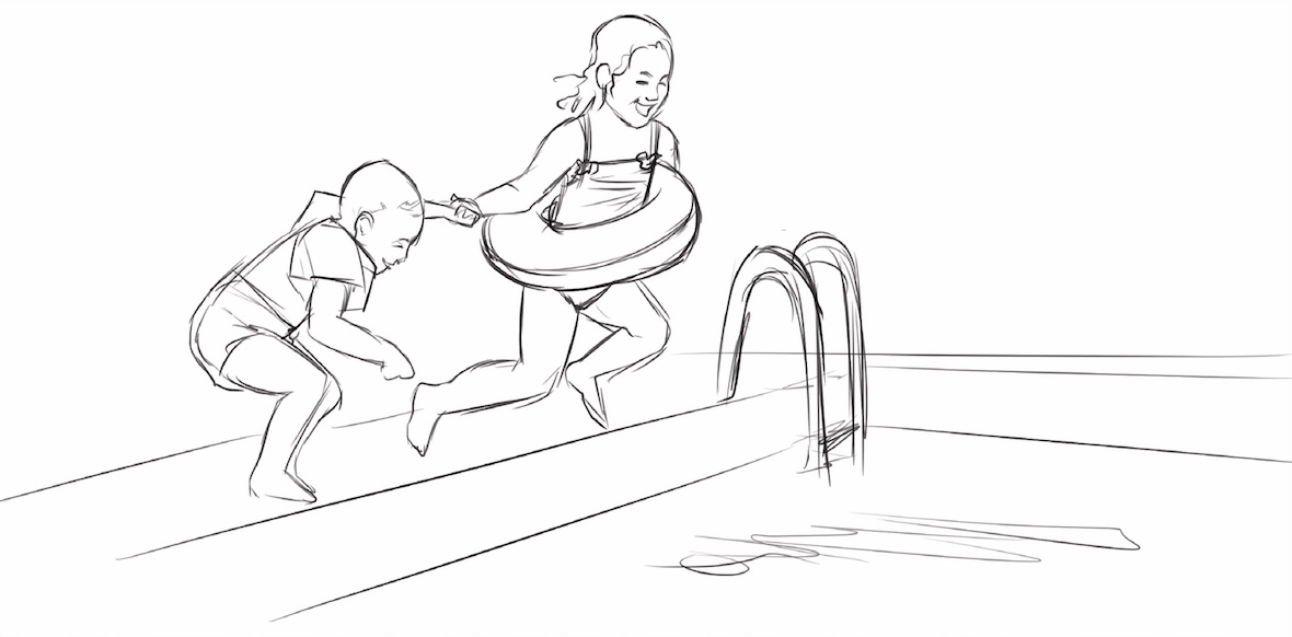 IU C&I Studios Page Tavistock StoryBoard Five showing a drawing of boy and girl wearing an inner tube jumping in a pool