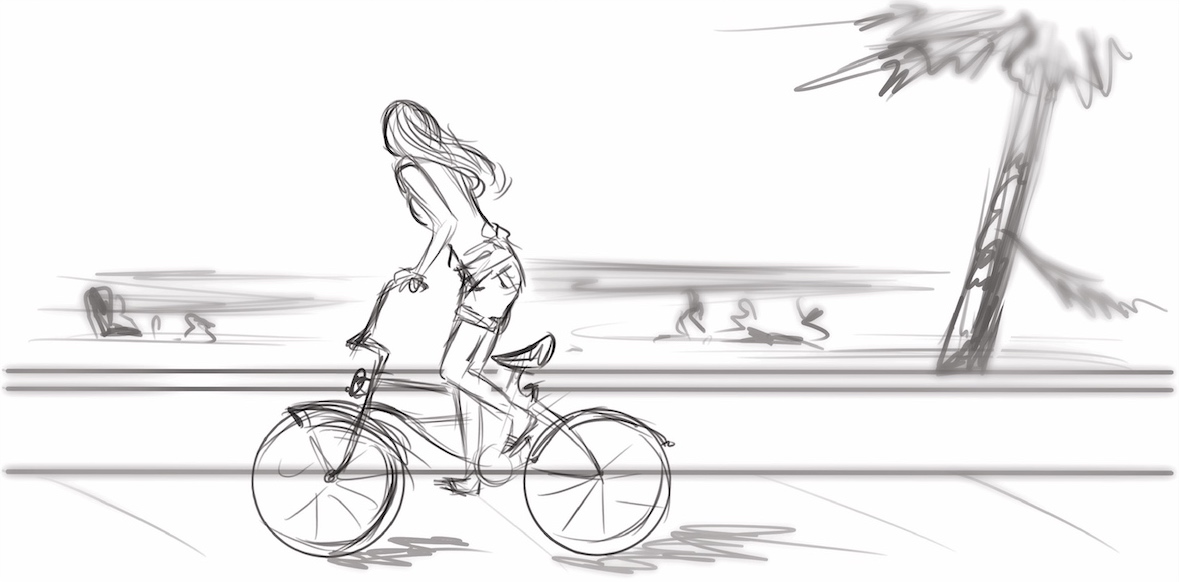 IU C&I Studios Page Tavistock StoryBoard showing a drawing of a woman biking by a beach