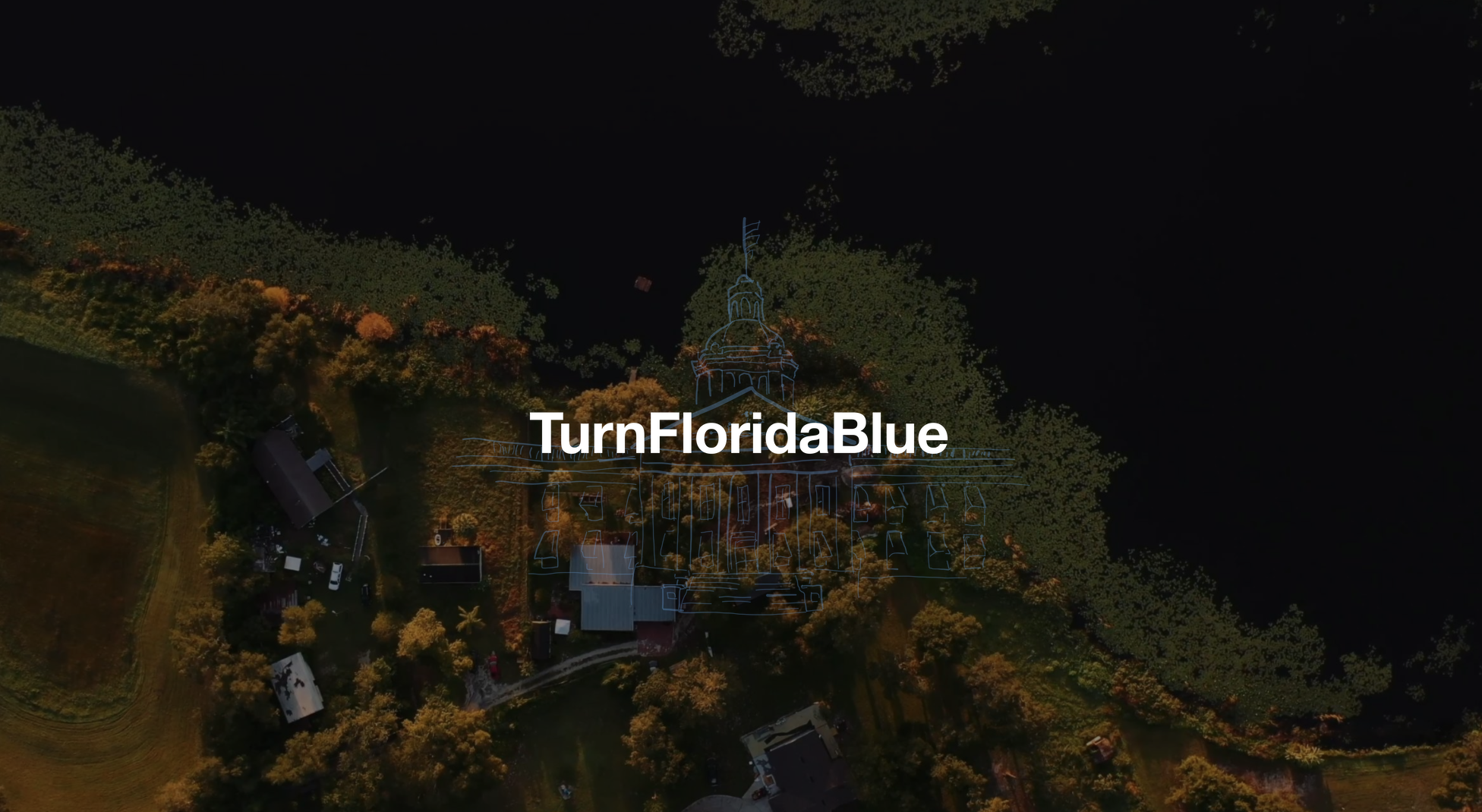 IU C&I Studios Page Florida House Victory Campaign Geraldine Thompson Blue and White Turn Florida Blue logo on backdrop of aerial view of properties