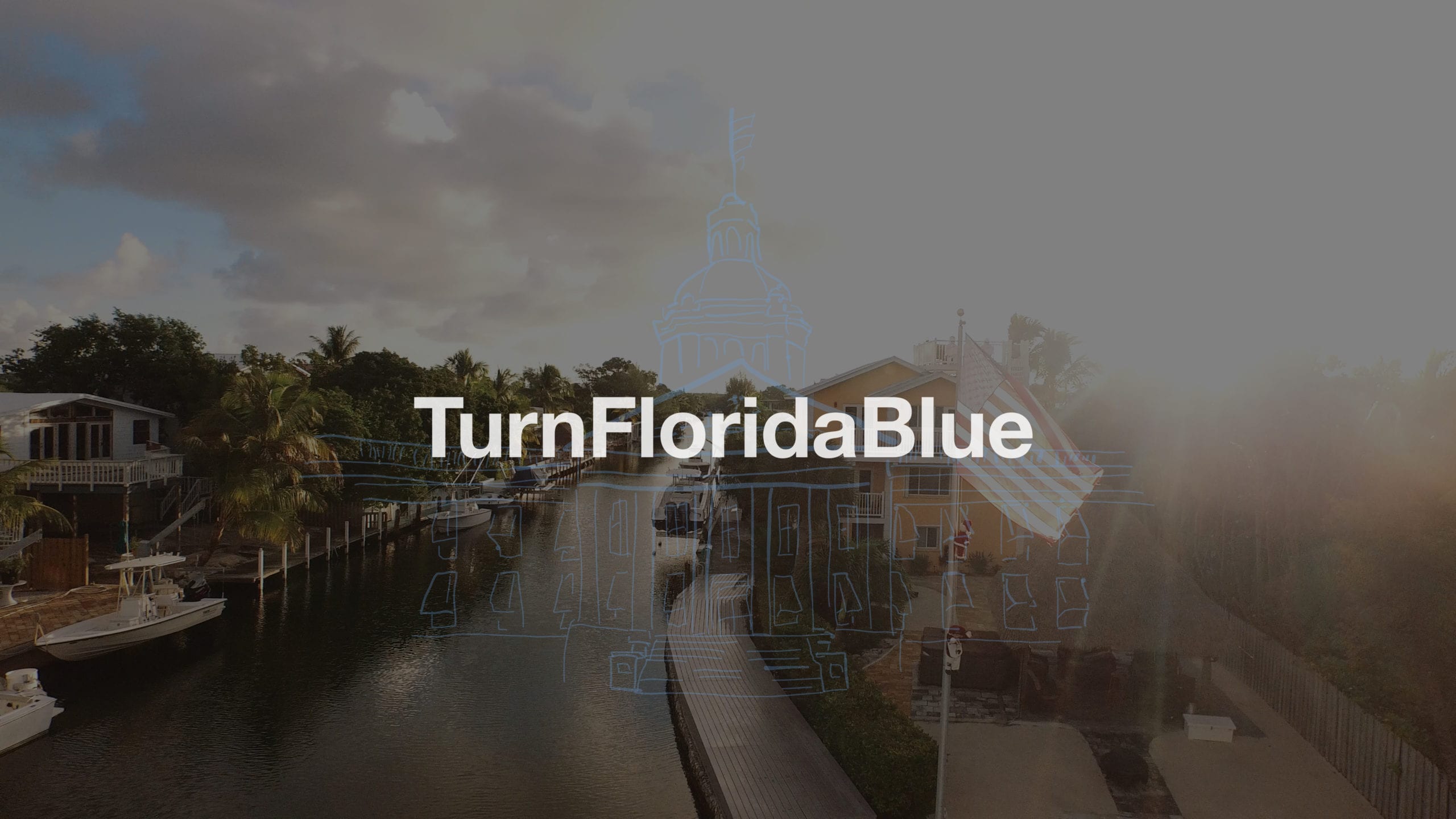 IU C&I Studios Page White Turn Florida Blue title on dimmed backdrop of waterway with houses and boats Florida House Victory Ricky Junquera