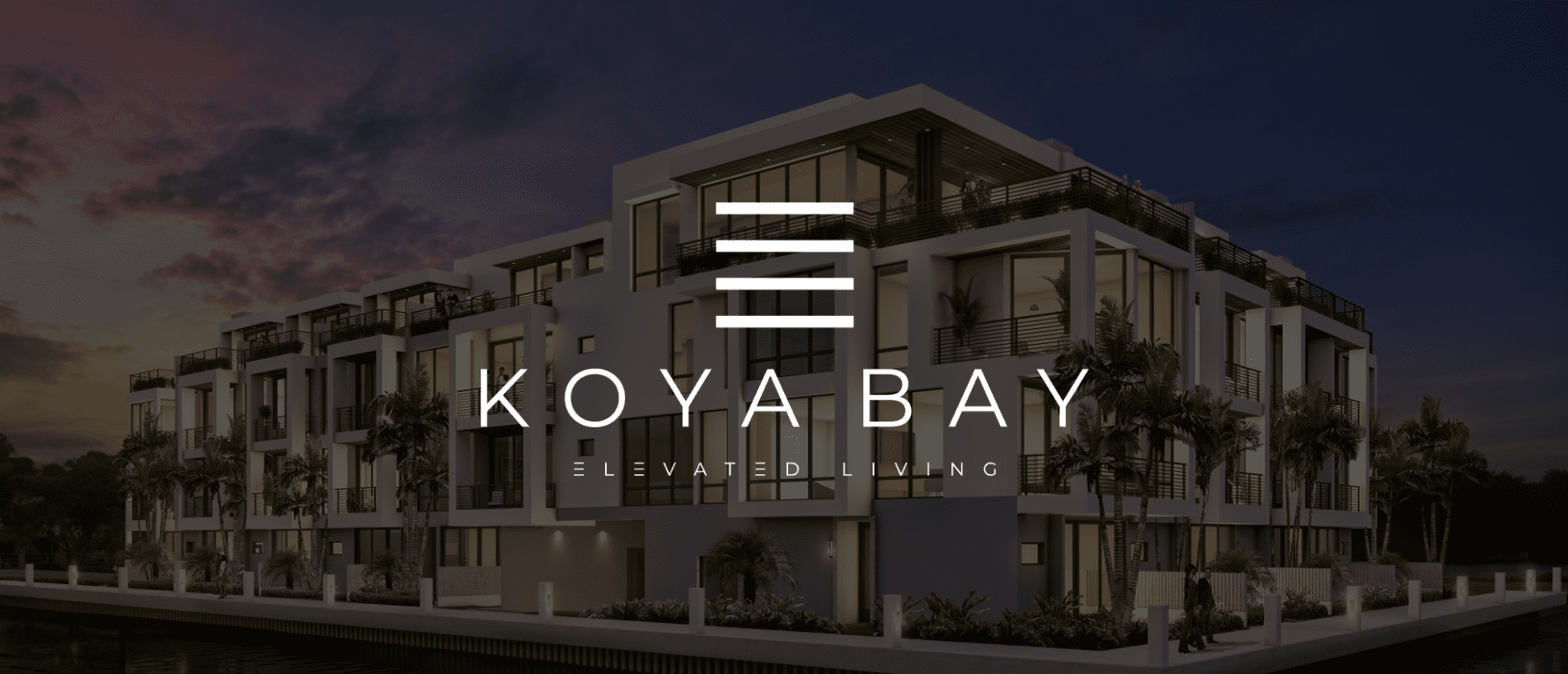 IU C&I Studios Page White Koya Bay Elevated Living logo on dimmed background of building