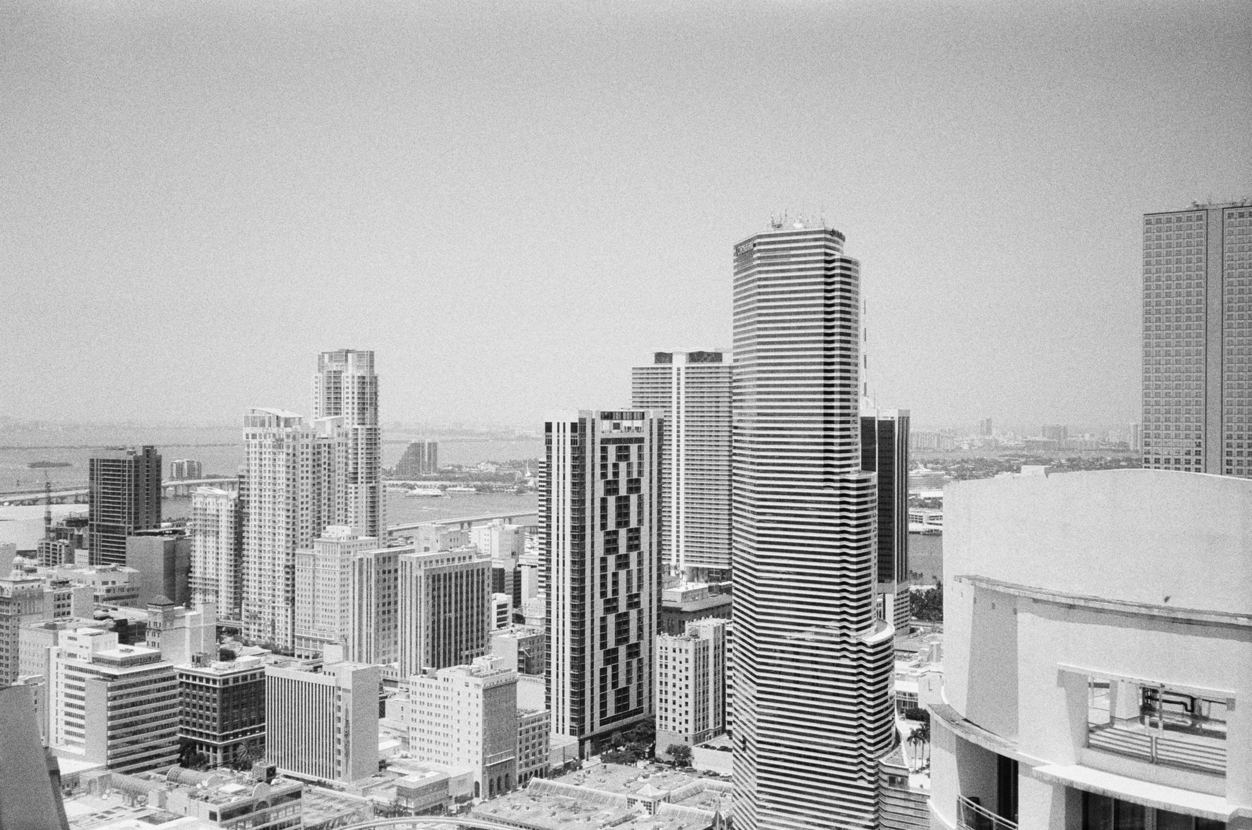 Black and white image of city with many buildings and skyscrapers