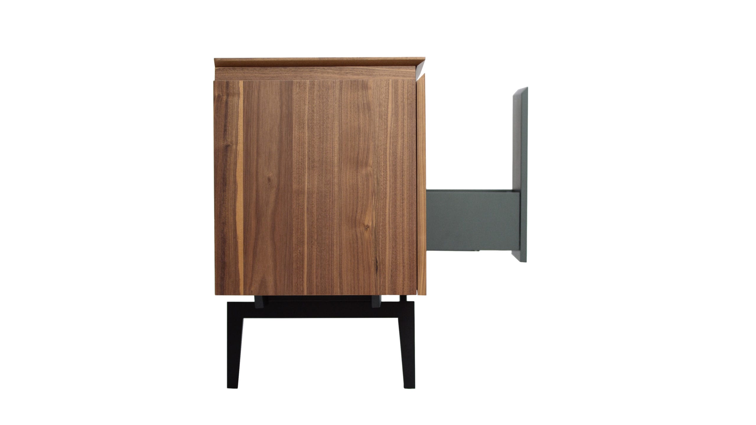 Yiannis Proofs Side profile wooden cabinet on display with black drawer open