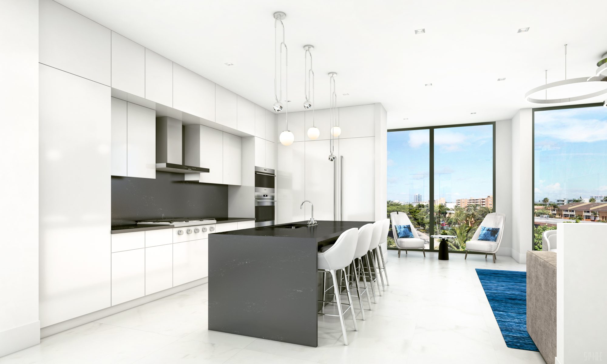 Aura Kitchen Koya Bay Rendering of a kitchen with furniture and appliances as well as large windows
