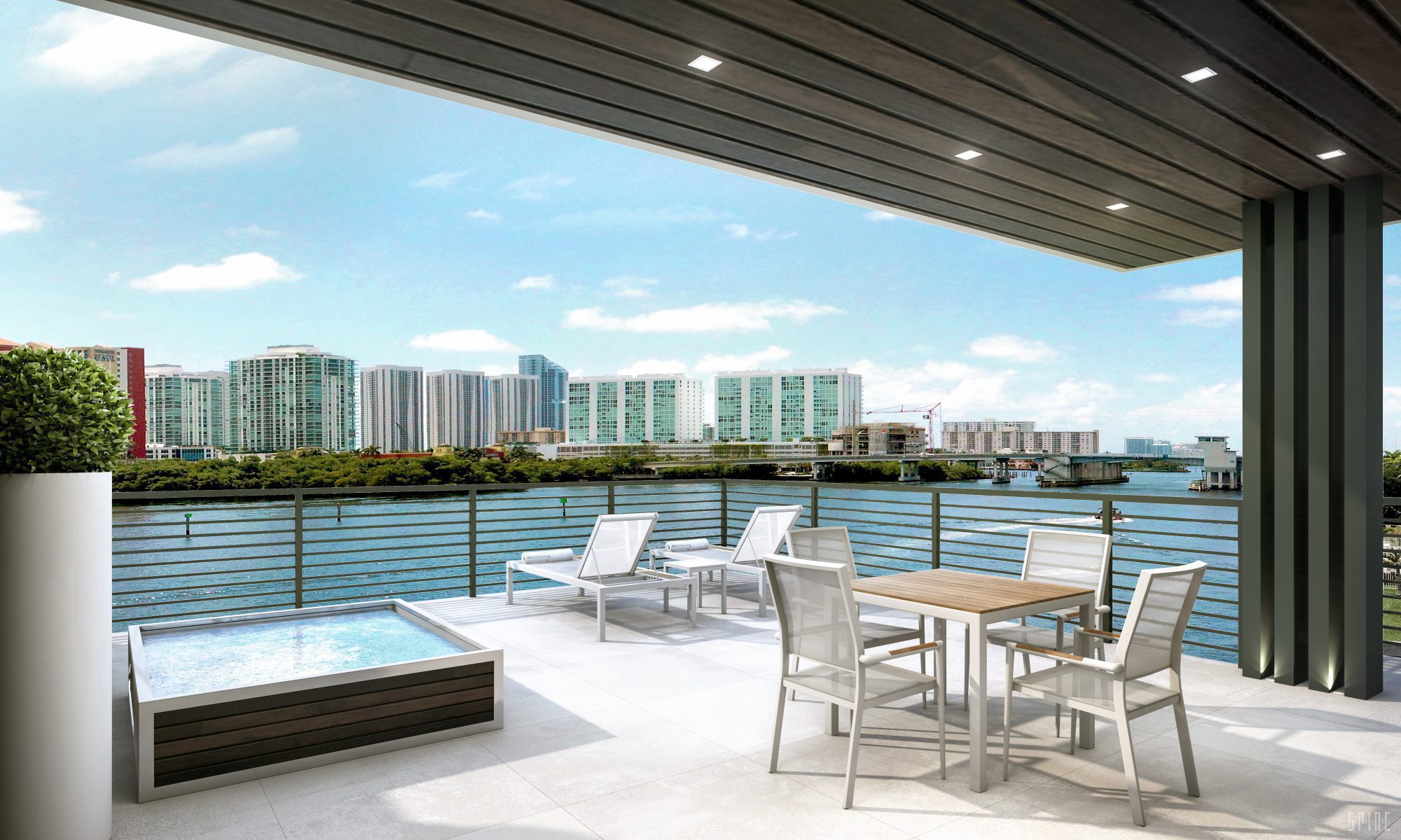 Cypress Rooftop Koya Bay Rendering of patio with furniture and box of water on display