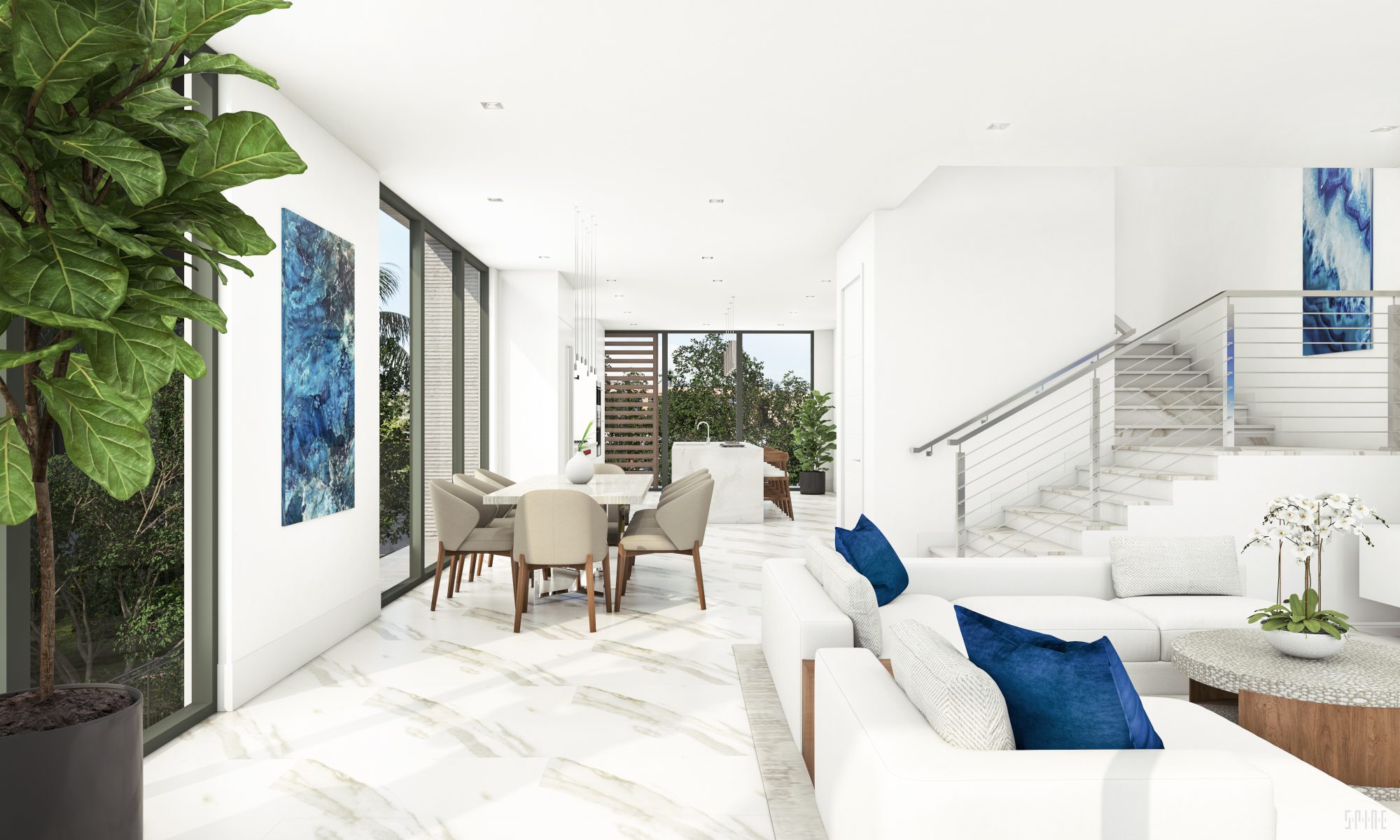 Eden Living and Dining Koya Bay Rendering with furniture and potted plants as well as stairs to upper level