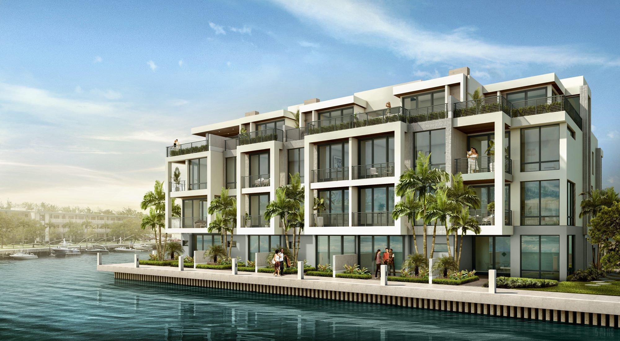 Koya Bay Water Angle View Rendering of a building with people standing outside by the water's edge