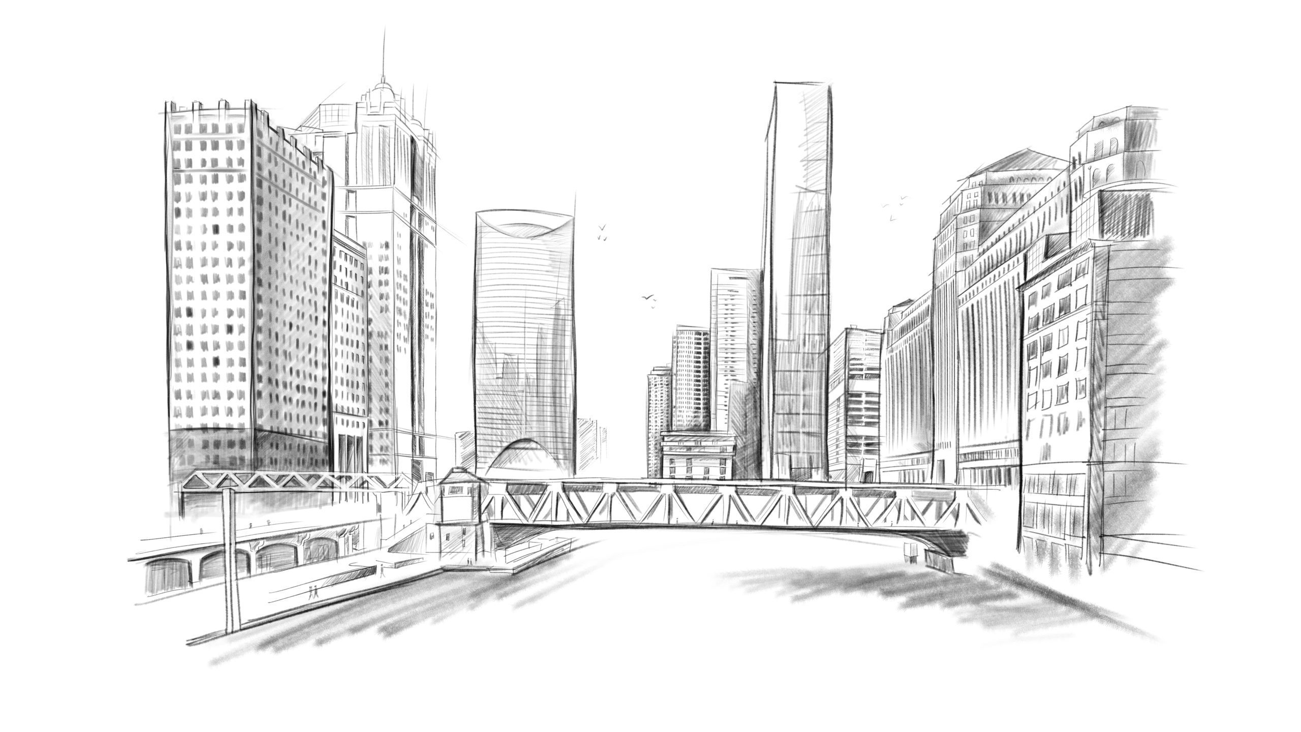 IU C&I Studios Page Black and white Geneva Seal Illustration Chicago Bridge drawing