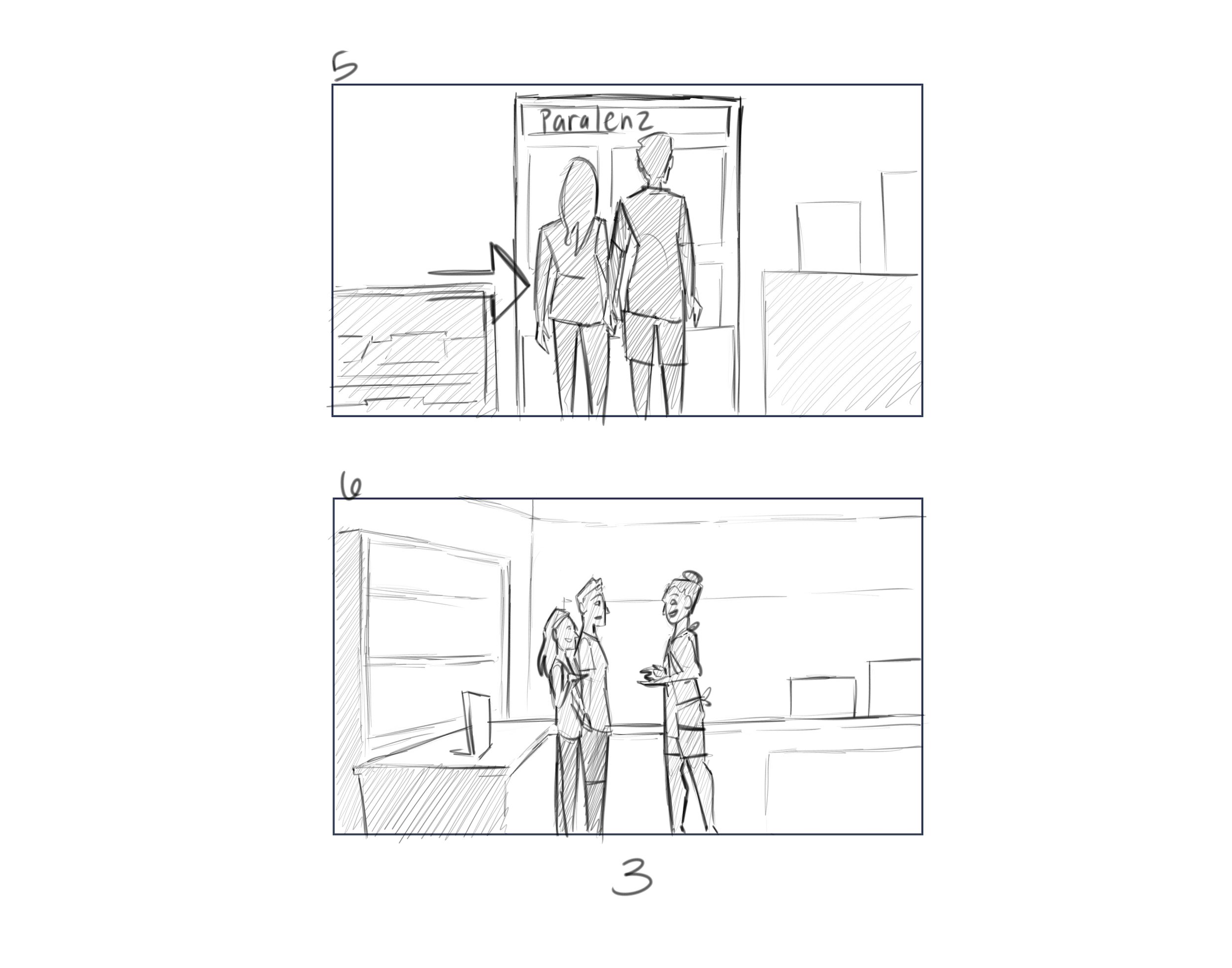 IU C&I Studios Page Dive Black and white storyboard drawings of a man and woman and a store talking with an employee