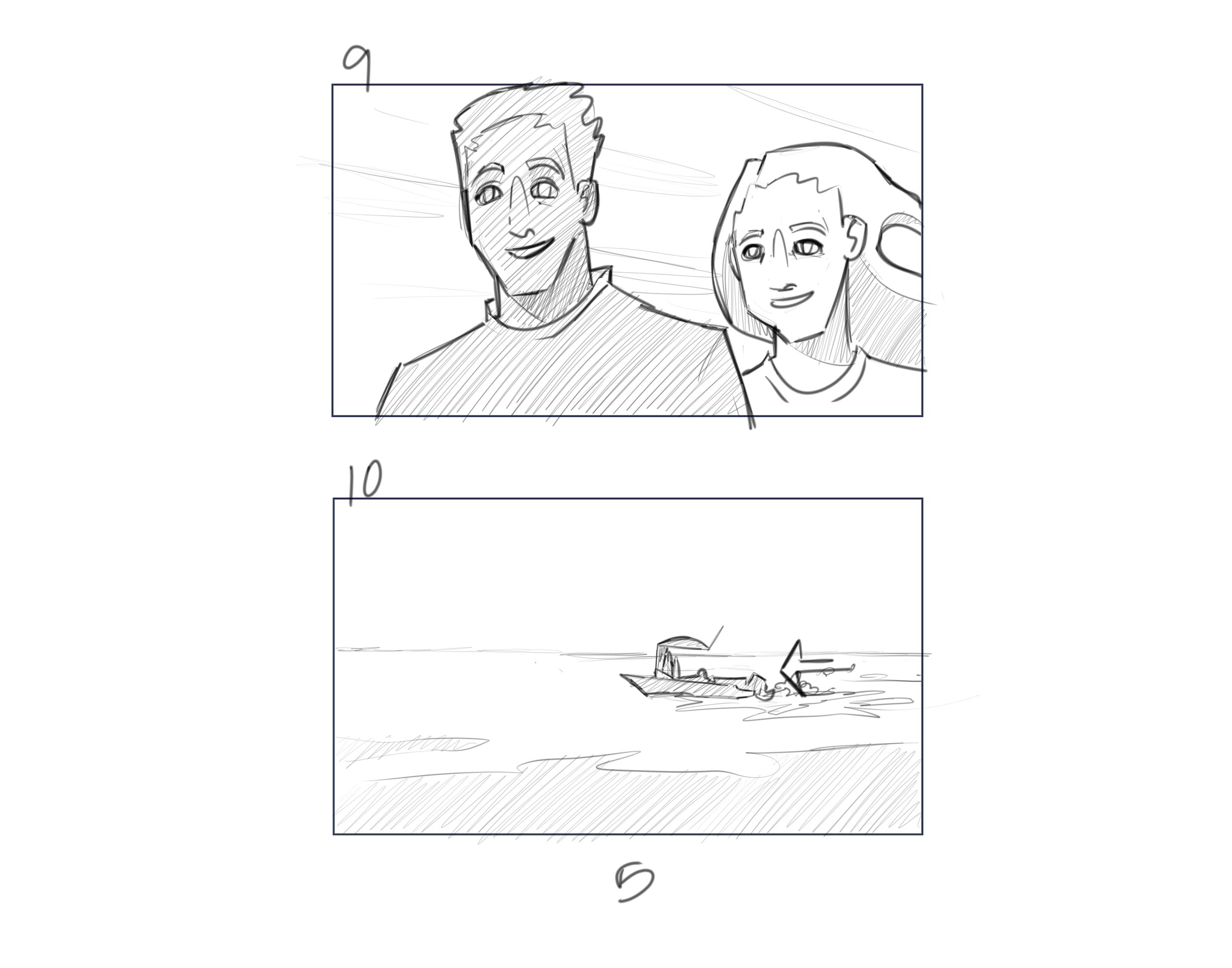 IU C&I Studios Page Dive Black and white storyboard drawings of a man and woman and a boat in the water