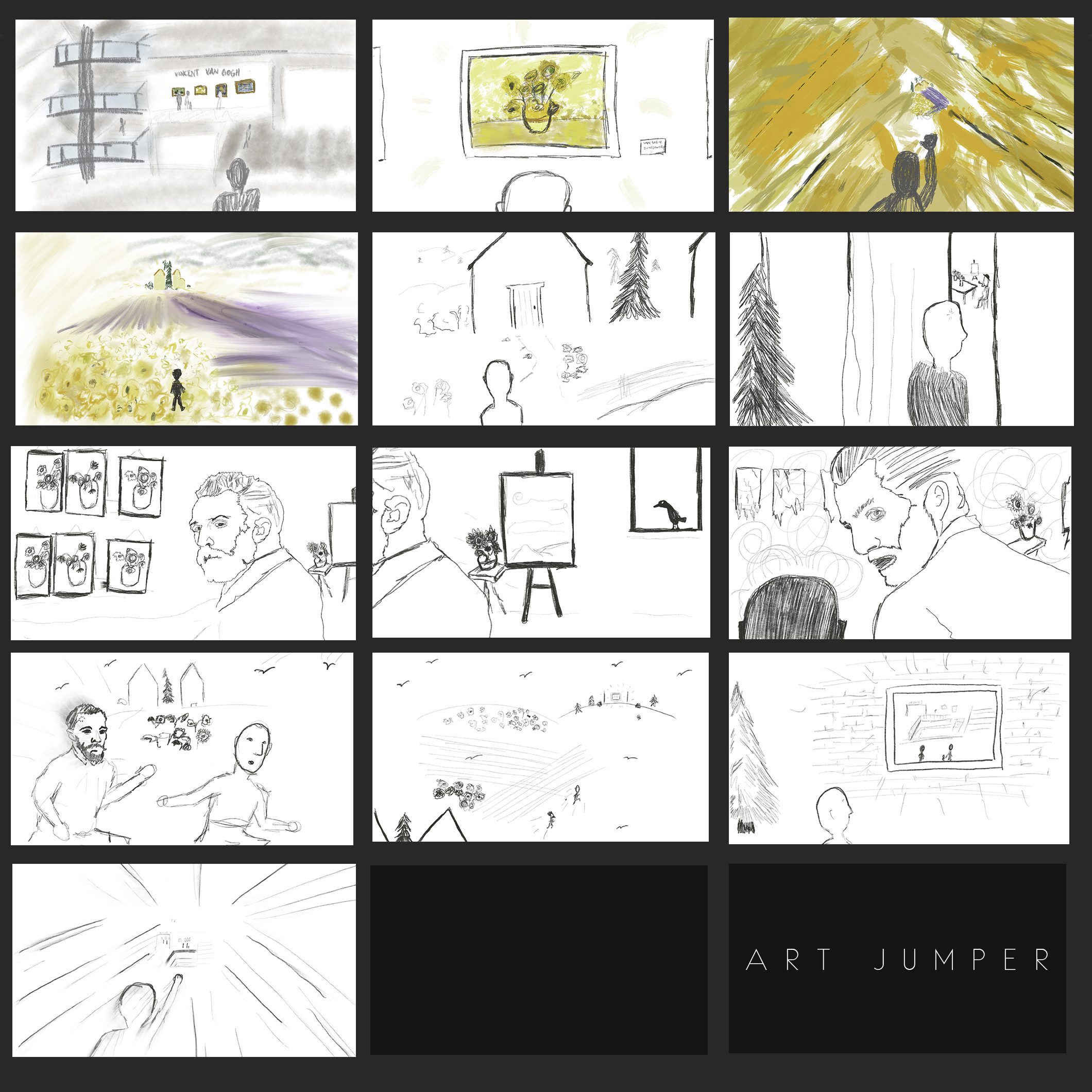 IU Art Jumper Van Gogh Storyboard with black and white and color drawings