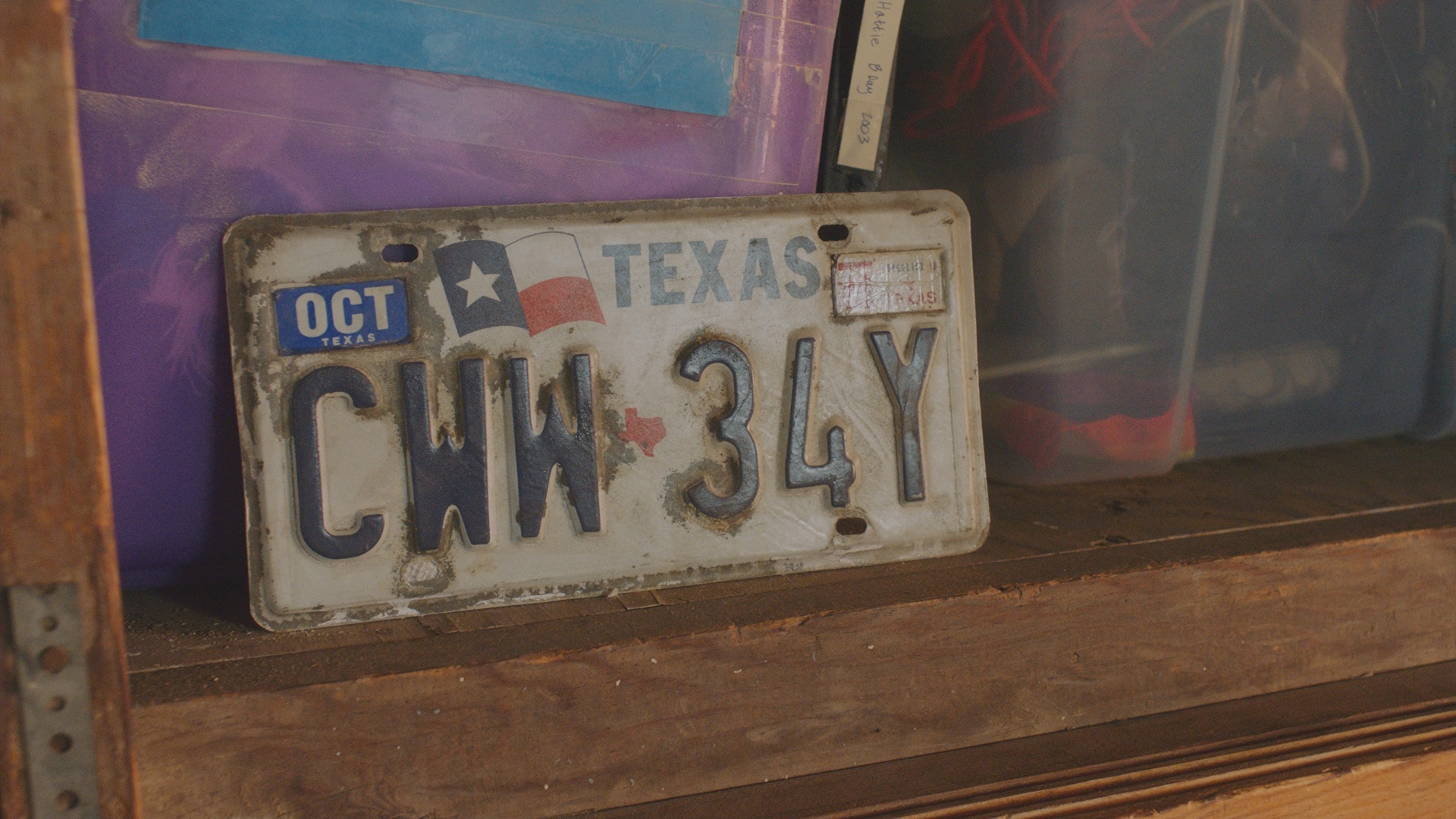 Closeup of Texas license plate on display