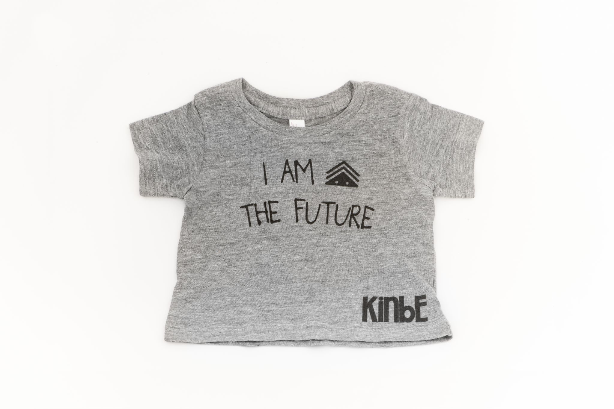 Kinbe Kids Product Gray I Am The Future shirt on display with Kinbe logo