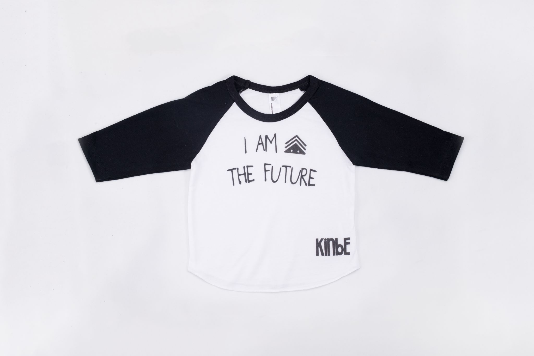 Kinbe Kids Product Black and white I Am The Future shirt on display with Kinbe logo